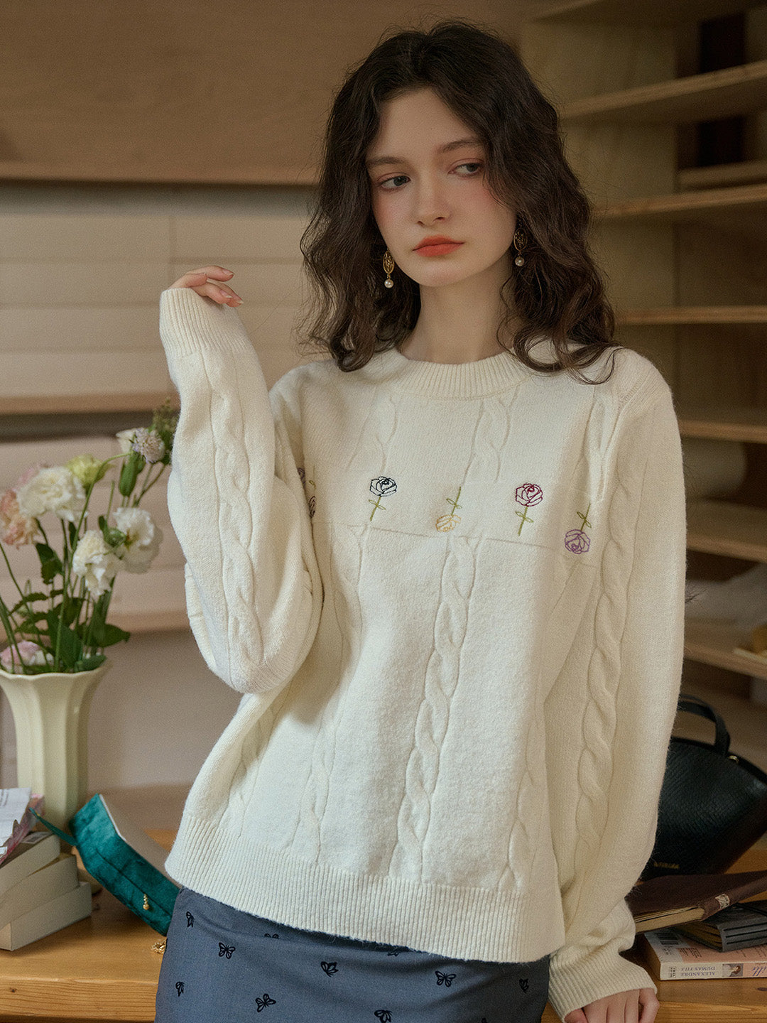 【Final Sale】Rebecca Round Neck Ribbed Rose Wool Sweater