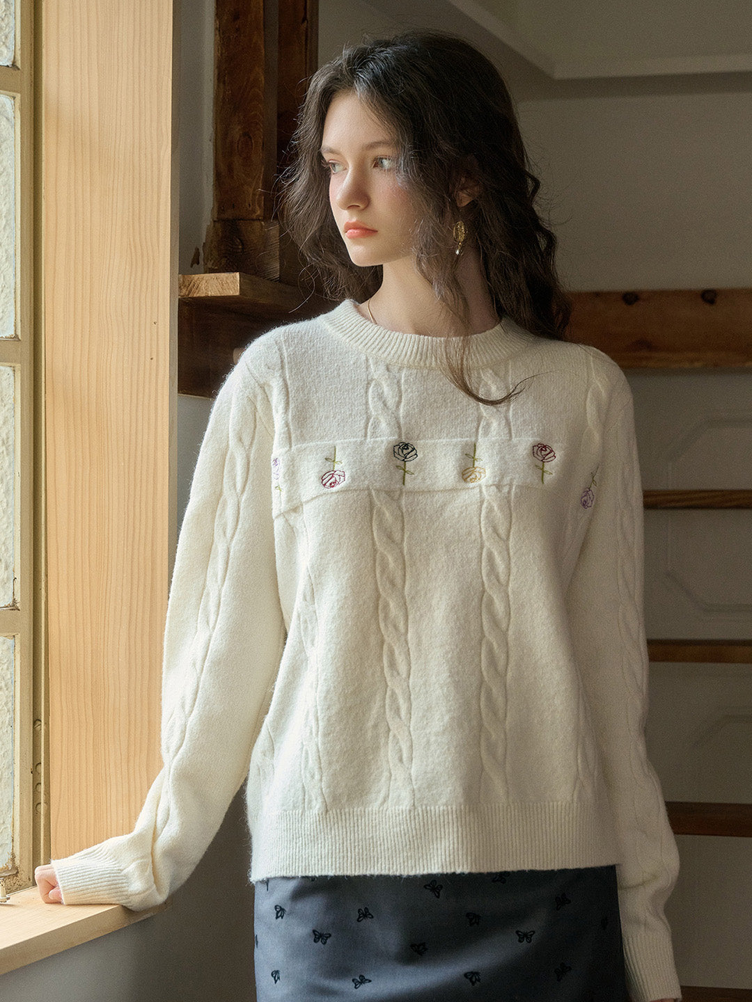 【Final Sale】Rebecca Round Neck Ribbed Rose Wool Sweater