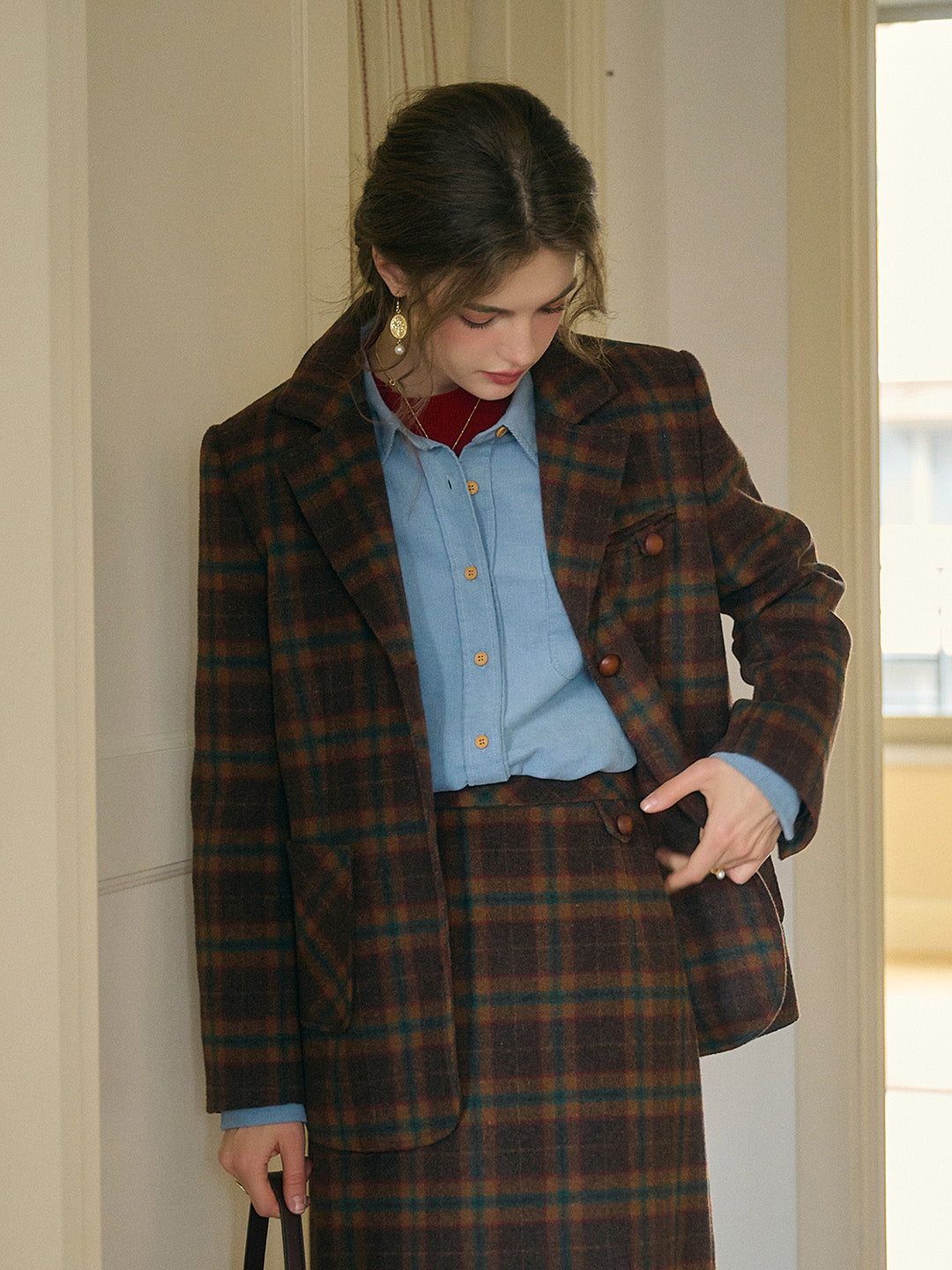 Alena Scottish Vintage Notched Lapel Plaid Pocket Wool Blazer