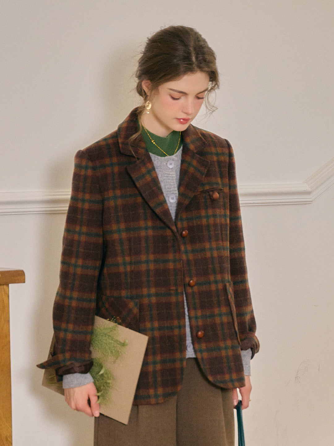Alena Scottish Vintage Notched Lapel Plaid Pocket Wool Blazer