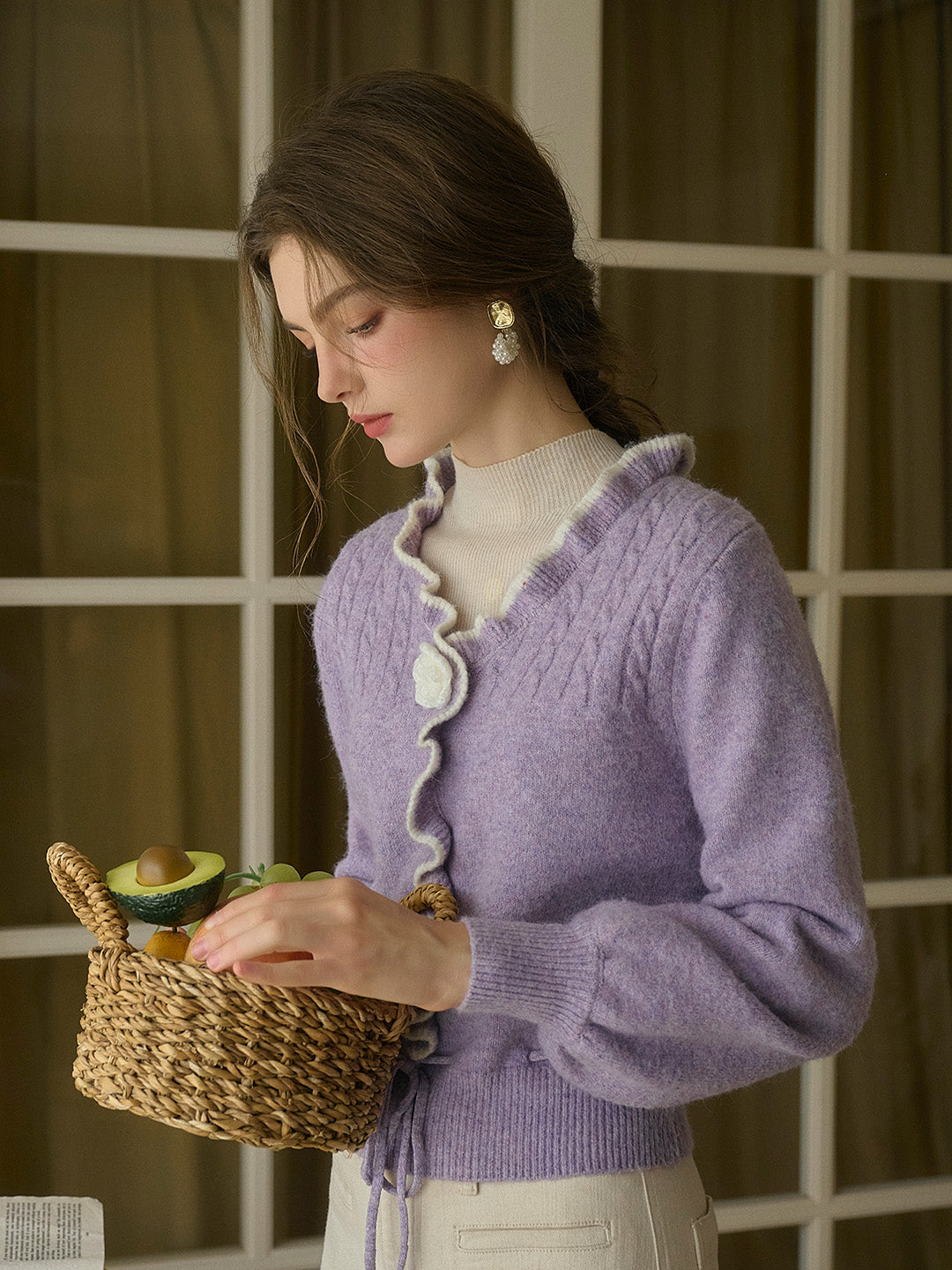 Miller Trimmed Neck Hollow 3D Flower Knitted Cardigan