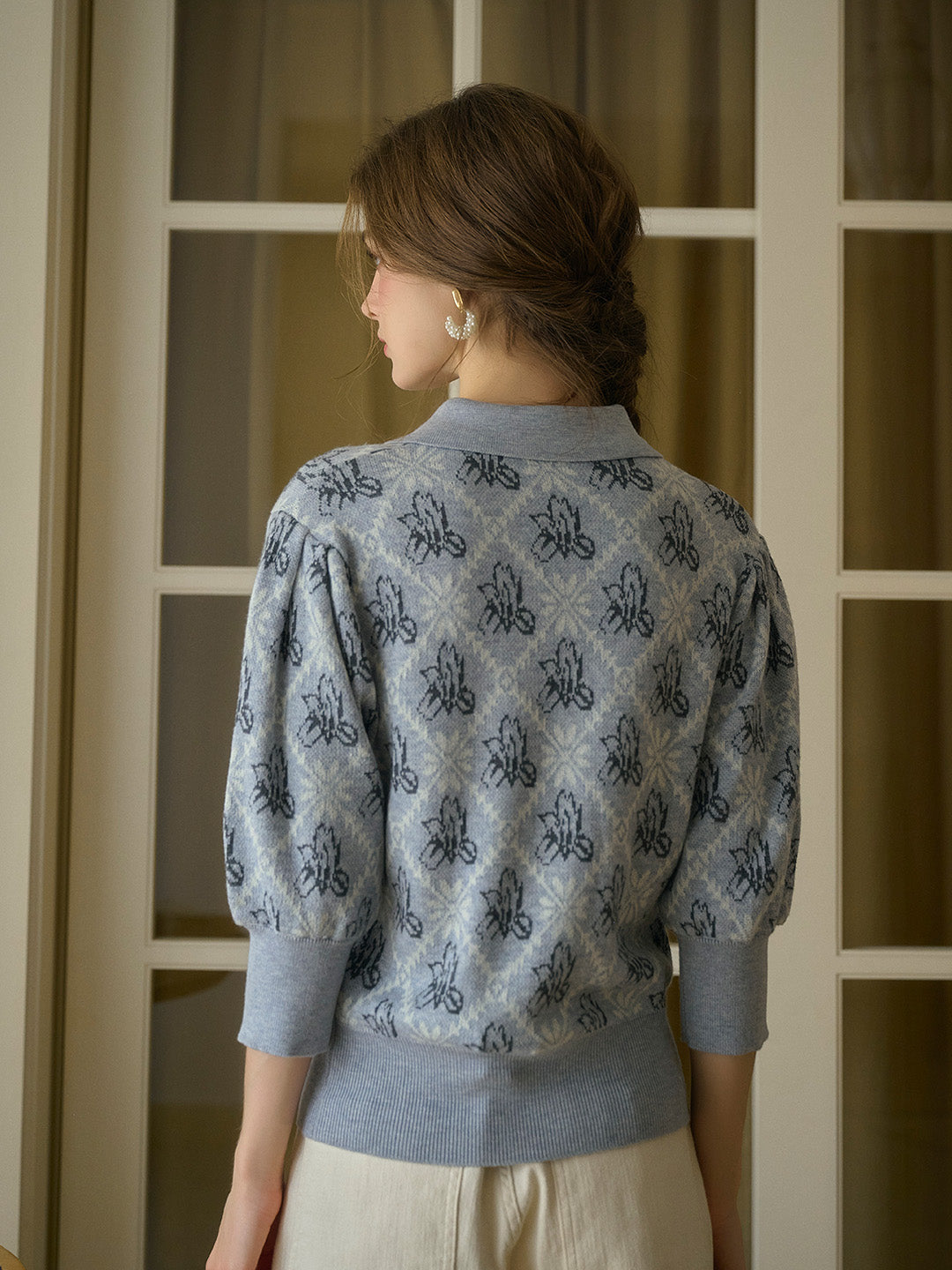 【Final Sale】Tamsin Polo Collar Floral Knit Wool Top - Gray