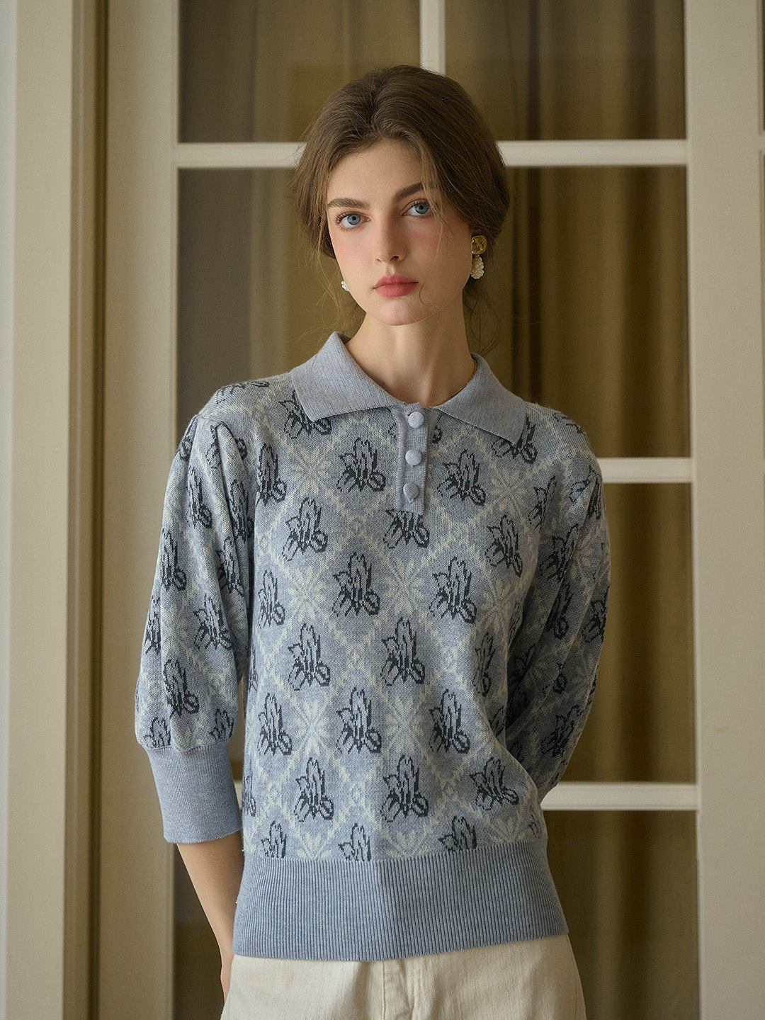 【Final Sale】Tamsin Polo Collar Floral Knit Wool Top - Gray