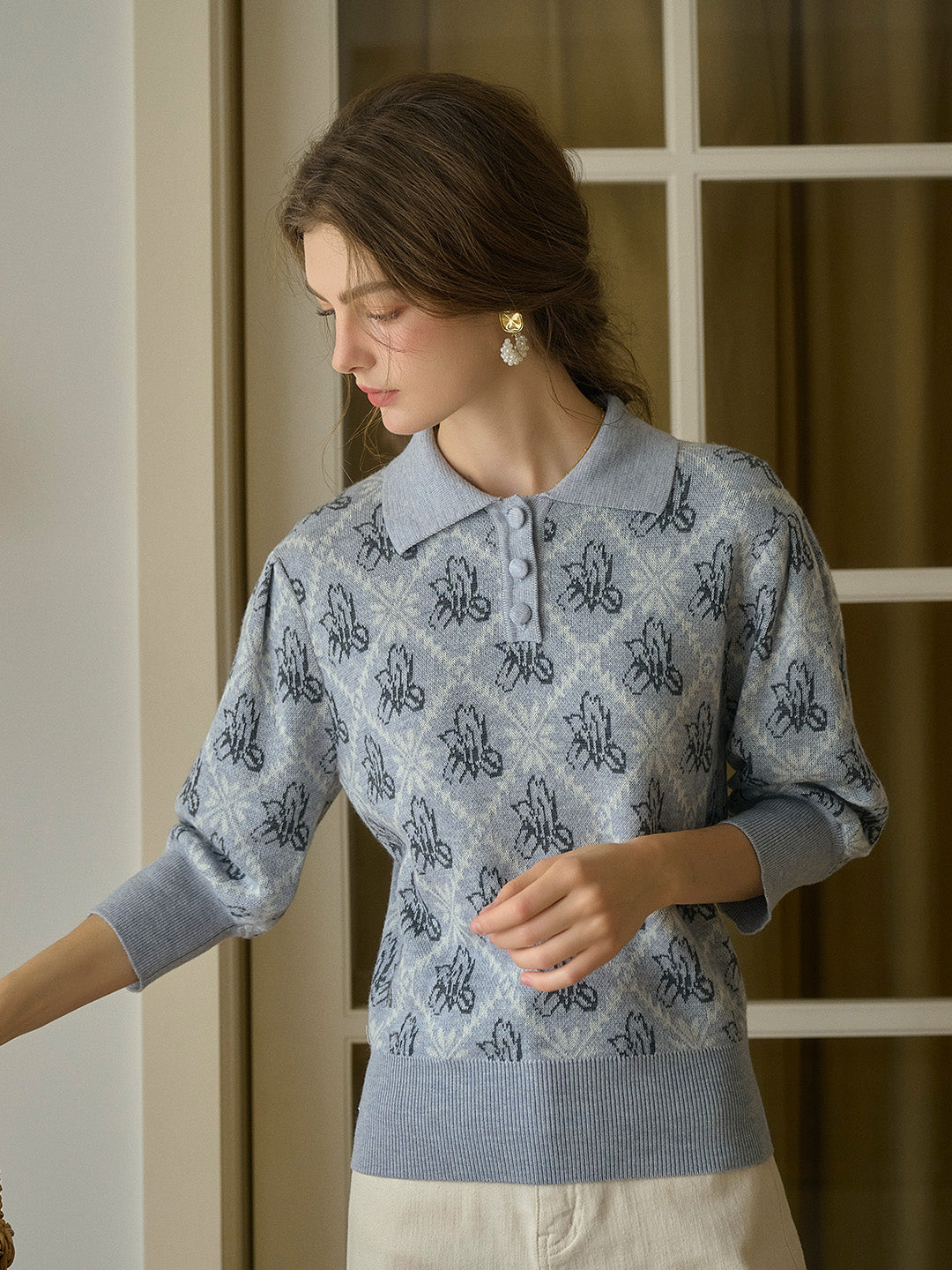 【Final Sale】Tamsin Polo Collar Floral Knit Wool Top - Gray