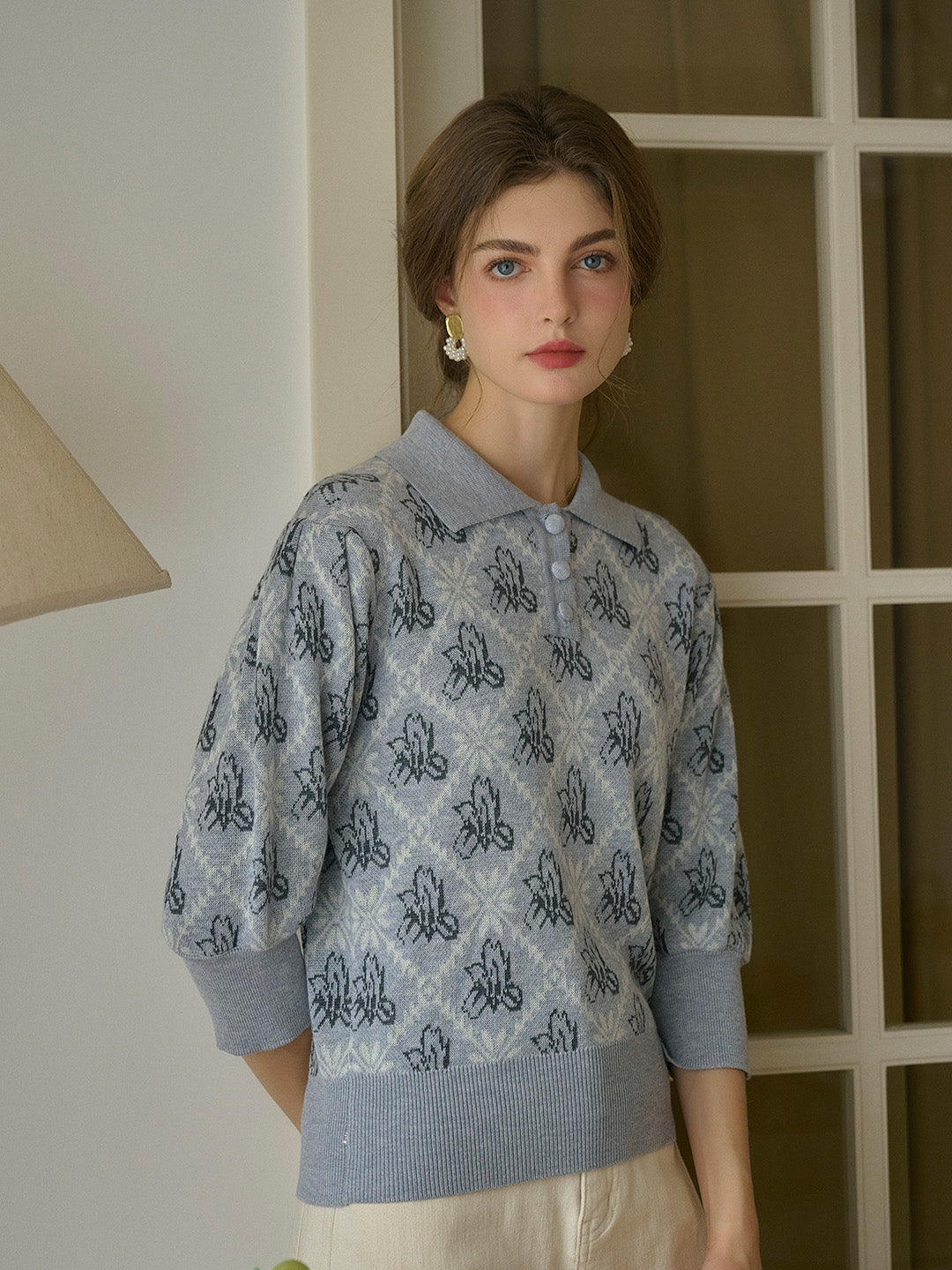 【Final Sale】Tamsin Polo Collar Floral Knit Wool Top - Gray