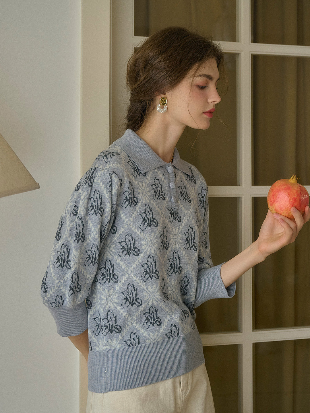 【Final Sale】Tamsin Polo Collar Floral Knit Wool Top - Gray