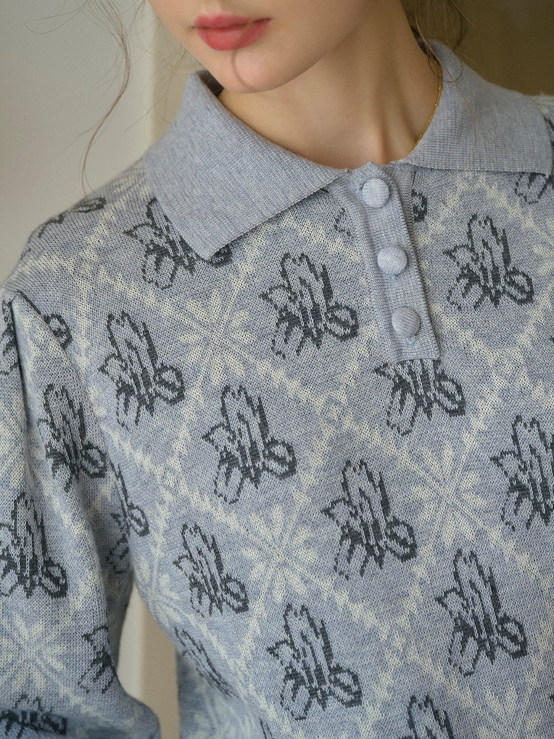 【Final Sale】Tamsin Polo Collar Floral Knit Wool Top - Gray