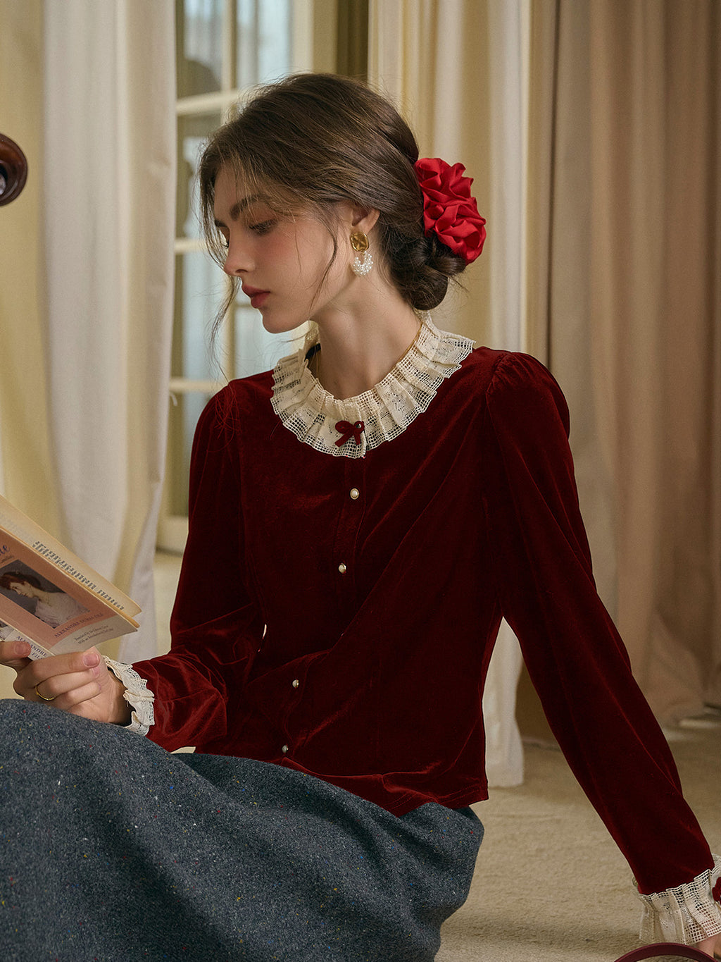 Azaria Round Collar Contrasting Lace Panel Bow Velvet Top