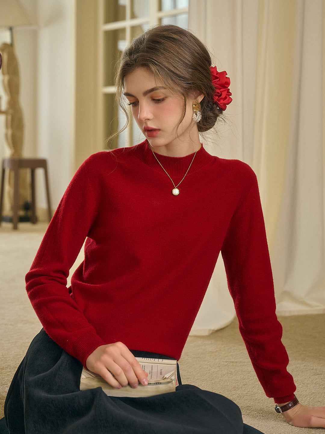 Kamari Mock Neck 100% Wool Slim Fit Knit Sweater-Pink