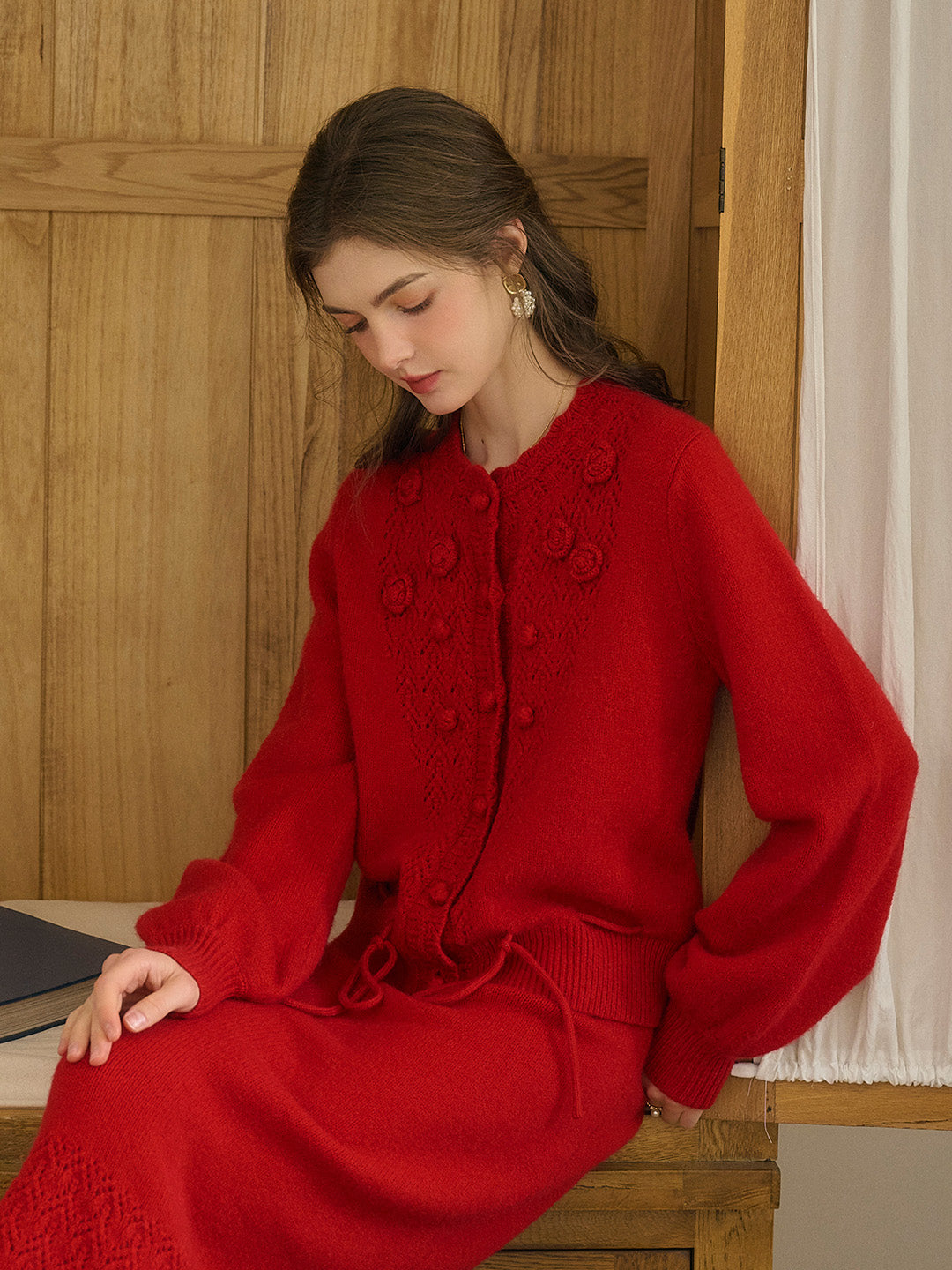 Maddie Round Neck Hollow 3D Flower Knitted Wool Cardigan - Red