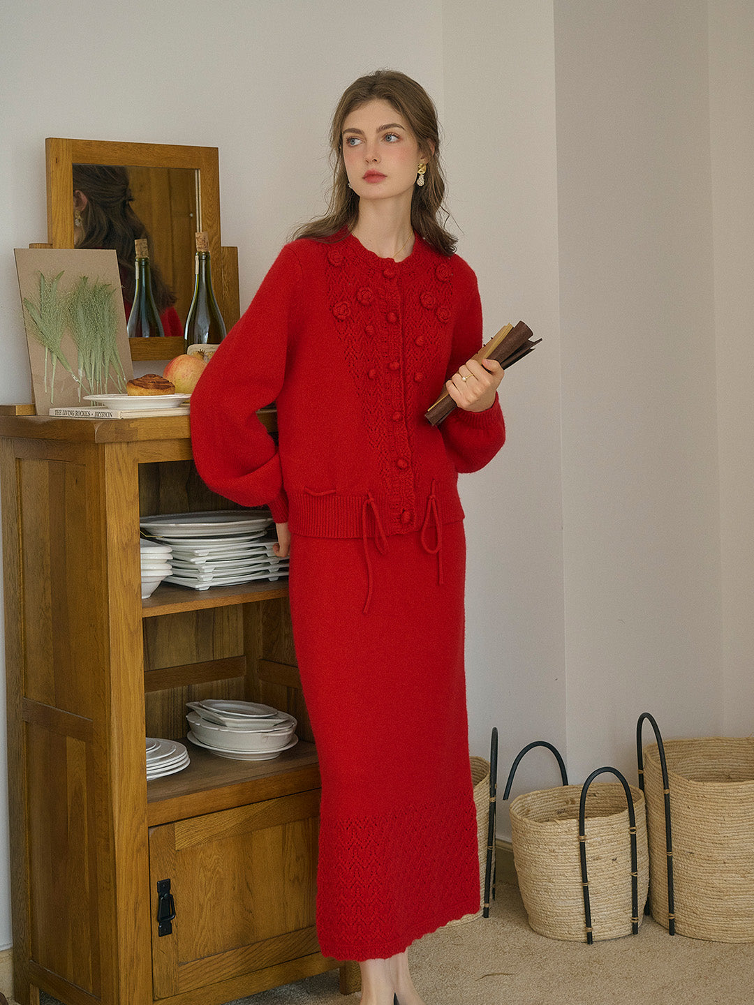 Maddie Round Neck Hollow 3D Flower Knitted Wool Cardigan - Red