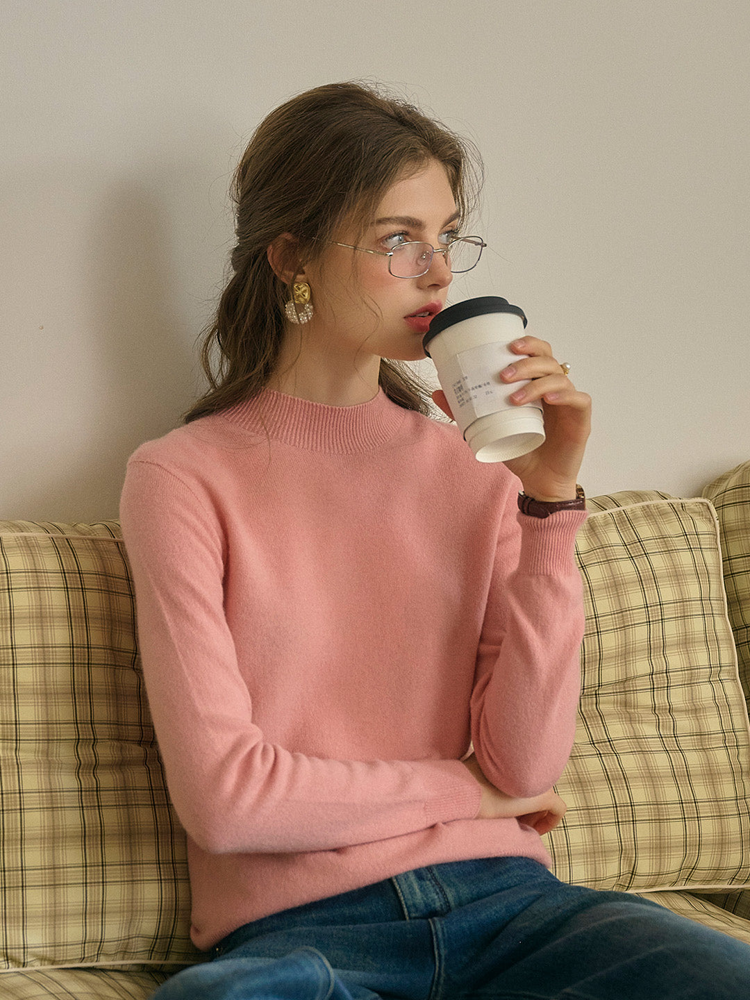 Kamari Mock Neck 100% Wool Slim Fit Knit Sweater-Pink