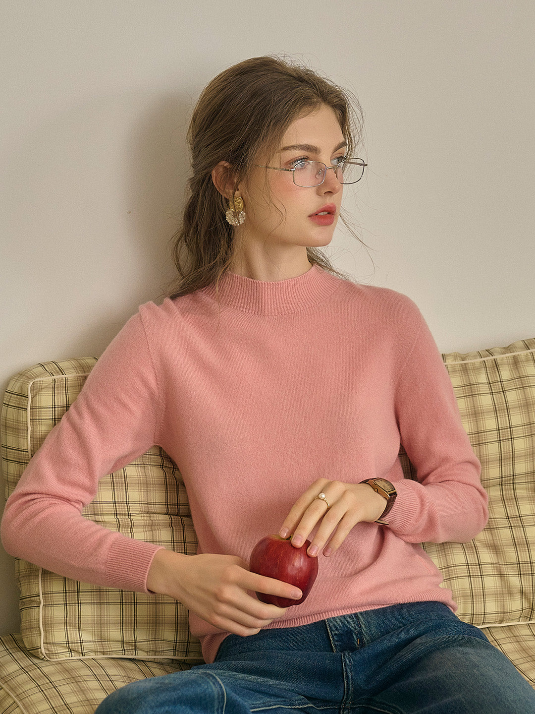 Kamari Mock Neck 100% Wool Slim Fit Knit Sweater-Pink