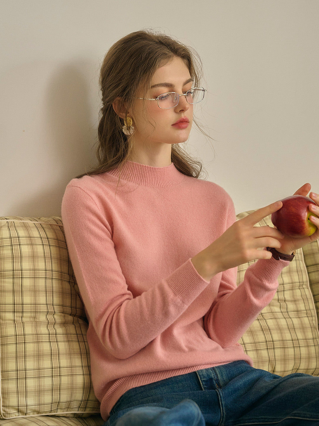 Kamari Mock Neck 100% Wool Slim Fit Knit Sweater-Pink