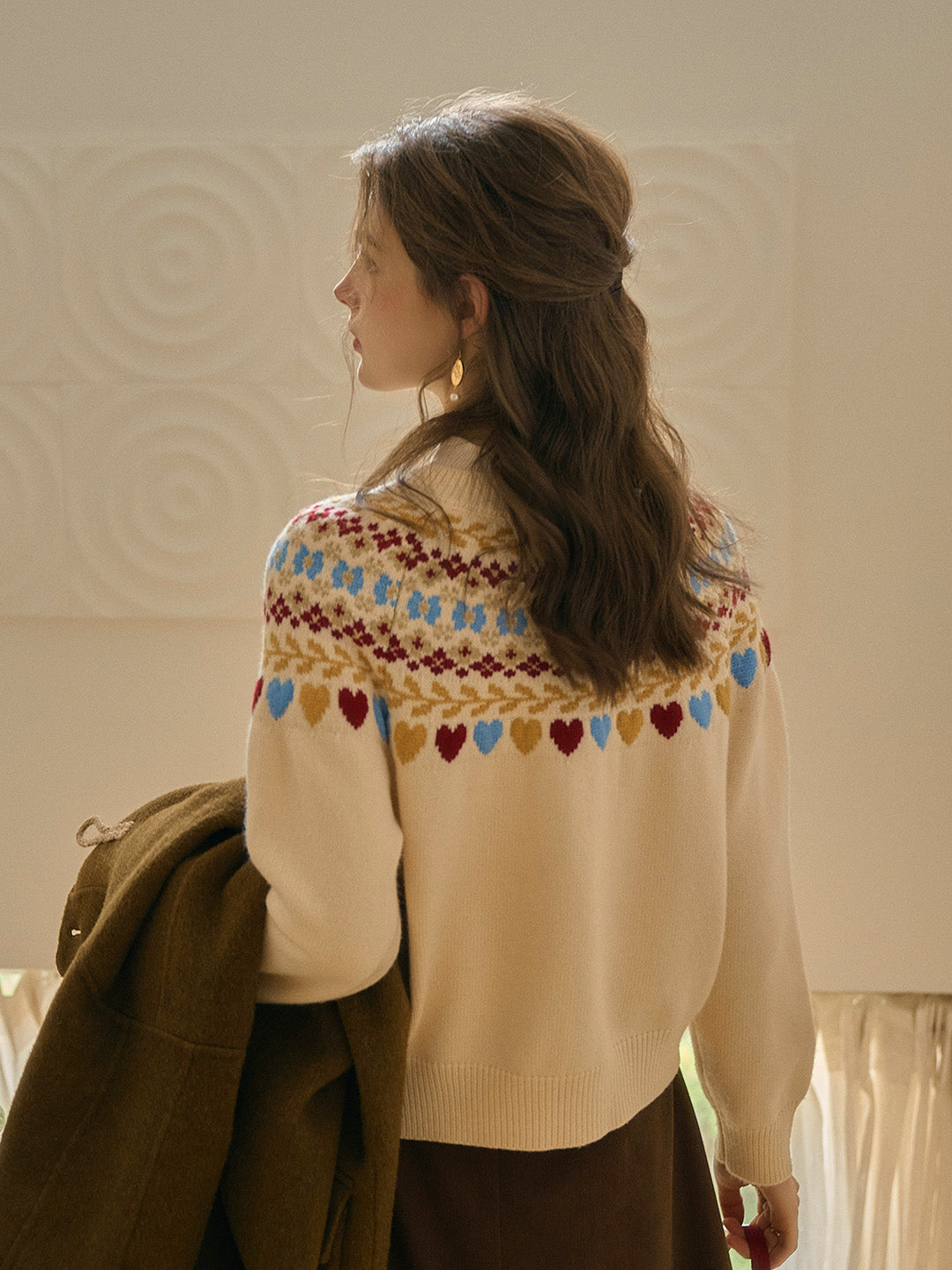 Jessie Classic Crew Collar SR Exclusive Design Fair Isle Cardigan-Apricot