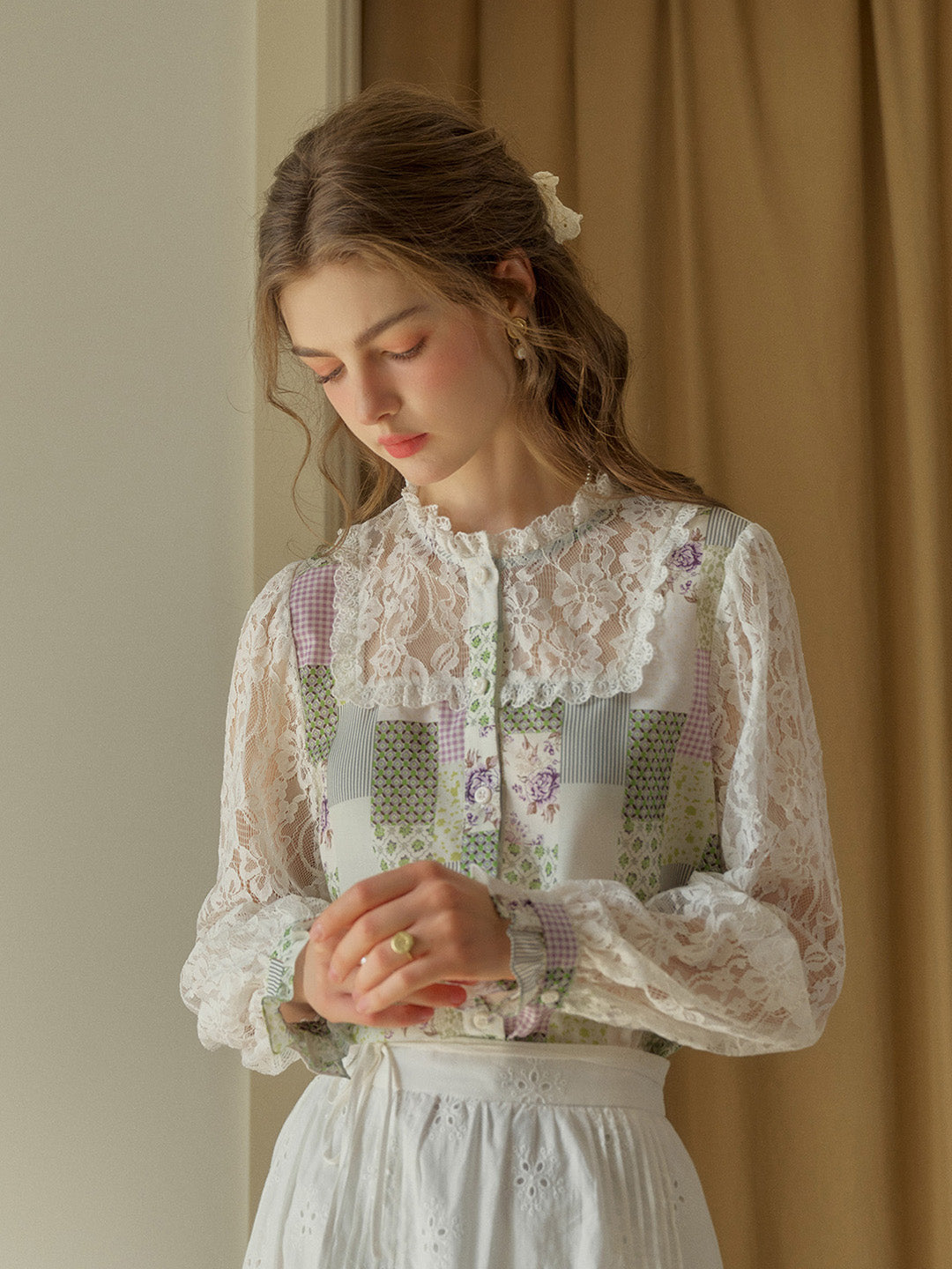 Vivienne Lace Collar Patchwork Blouse - Blue