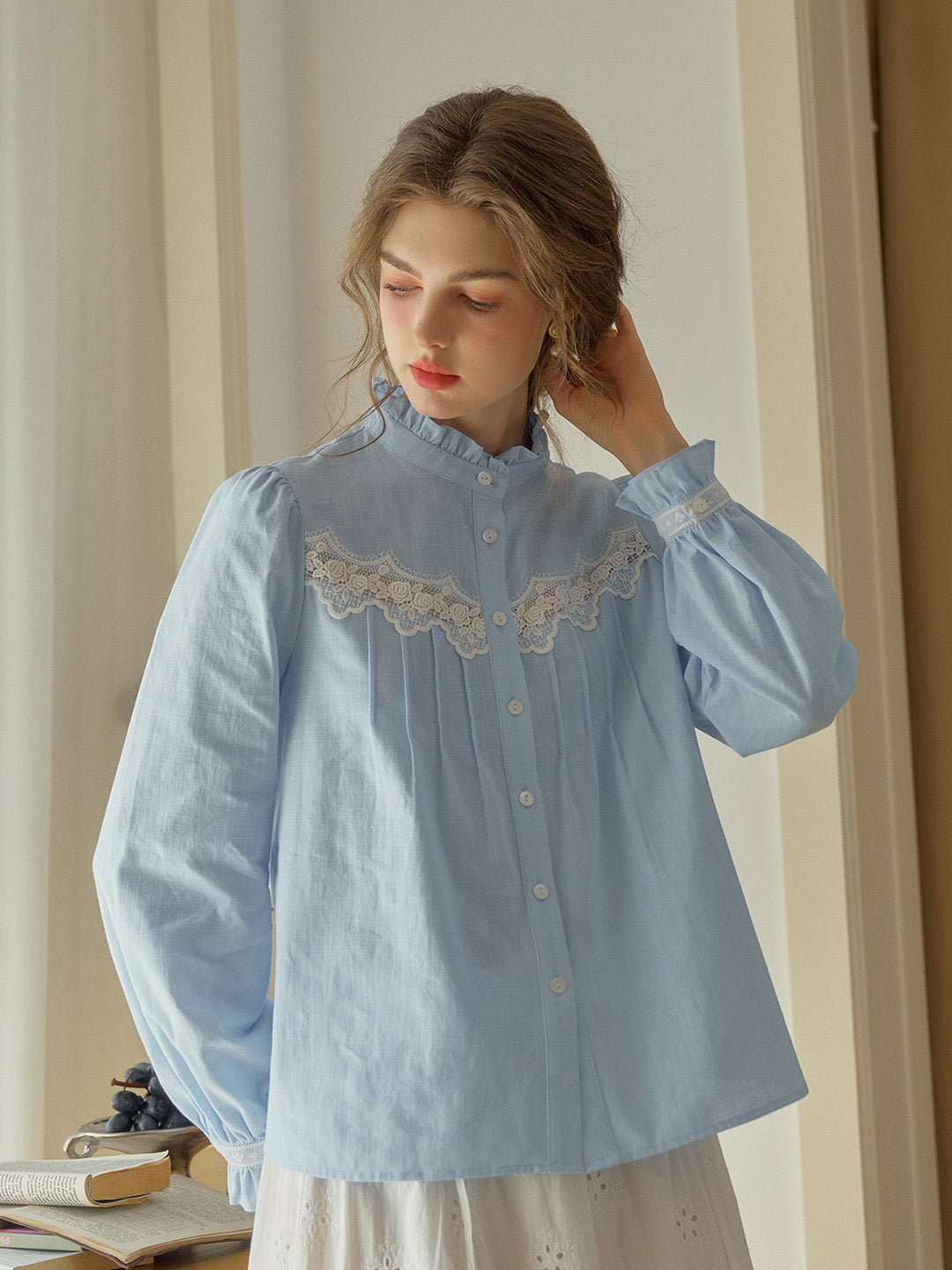 Kitty Wavy Stand Collar Lace Blouse - Pink