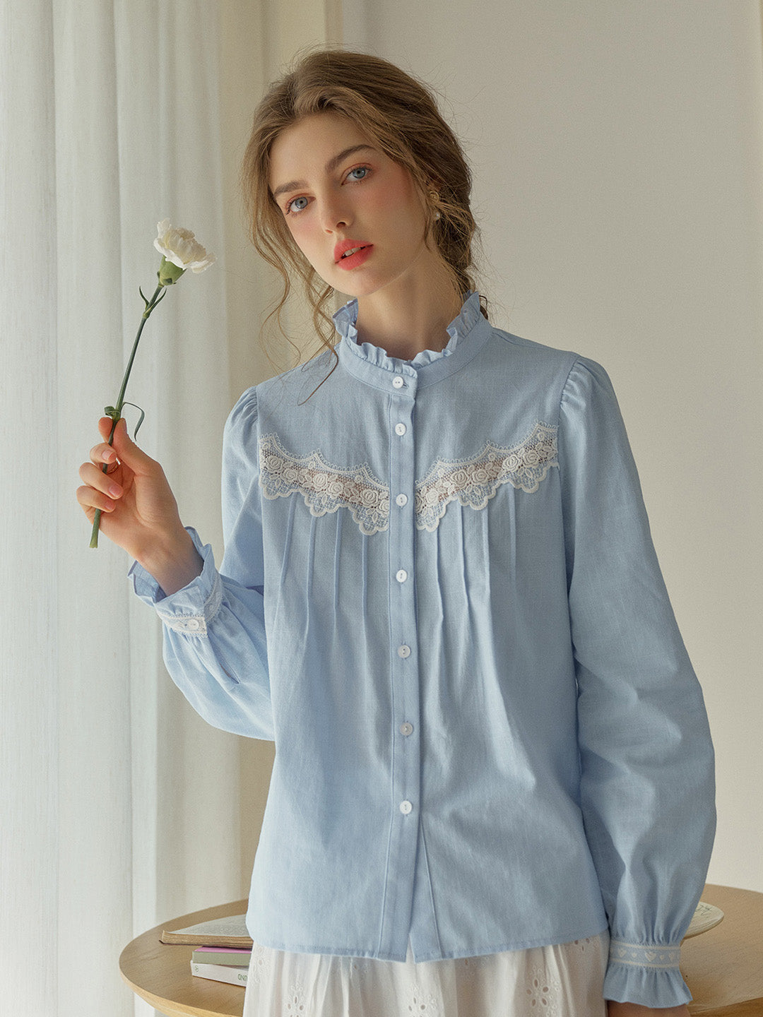 Kitty Wavy Stand Collar Lace Blouse - Pink