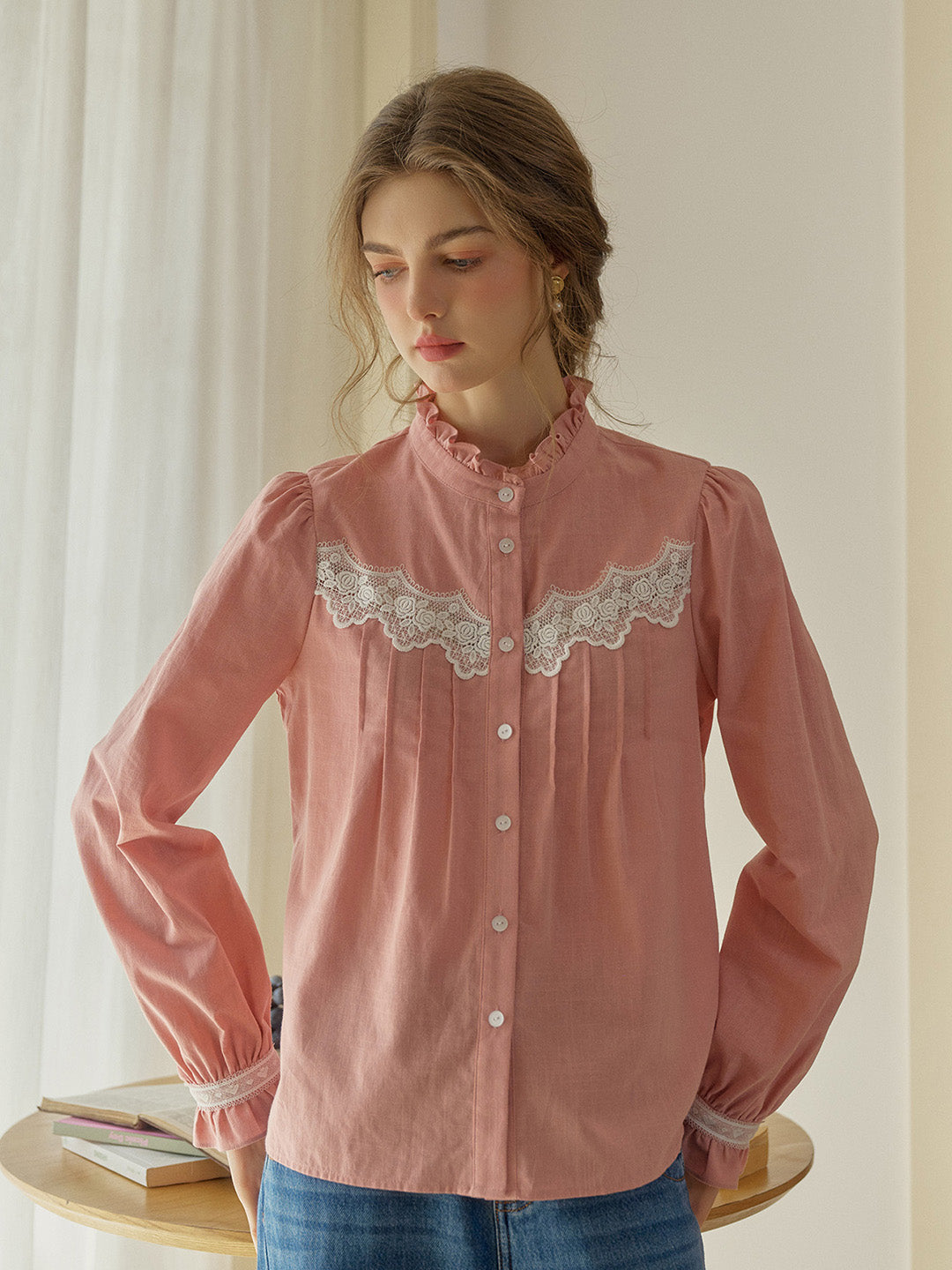 Kitty Wavy Stand Collar Lace Blouse - Pink