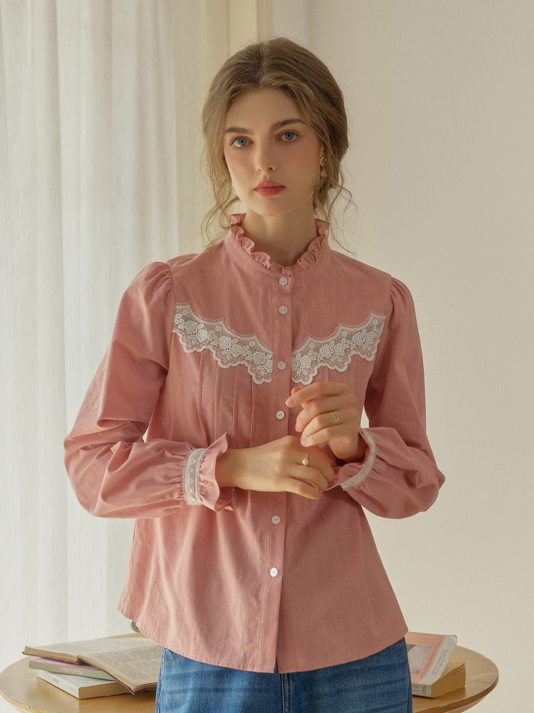Kitty Wavy Stand Collar Lace Blouse - Pink