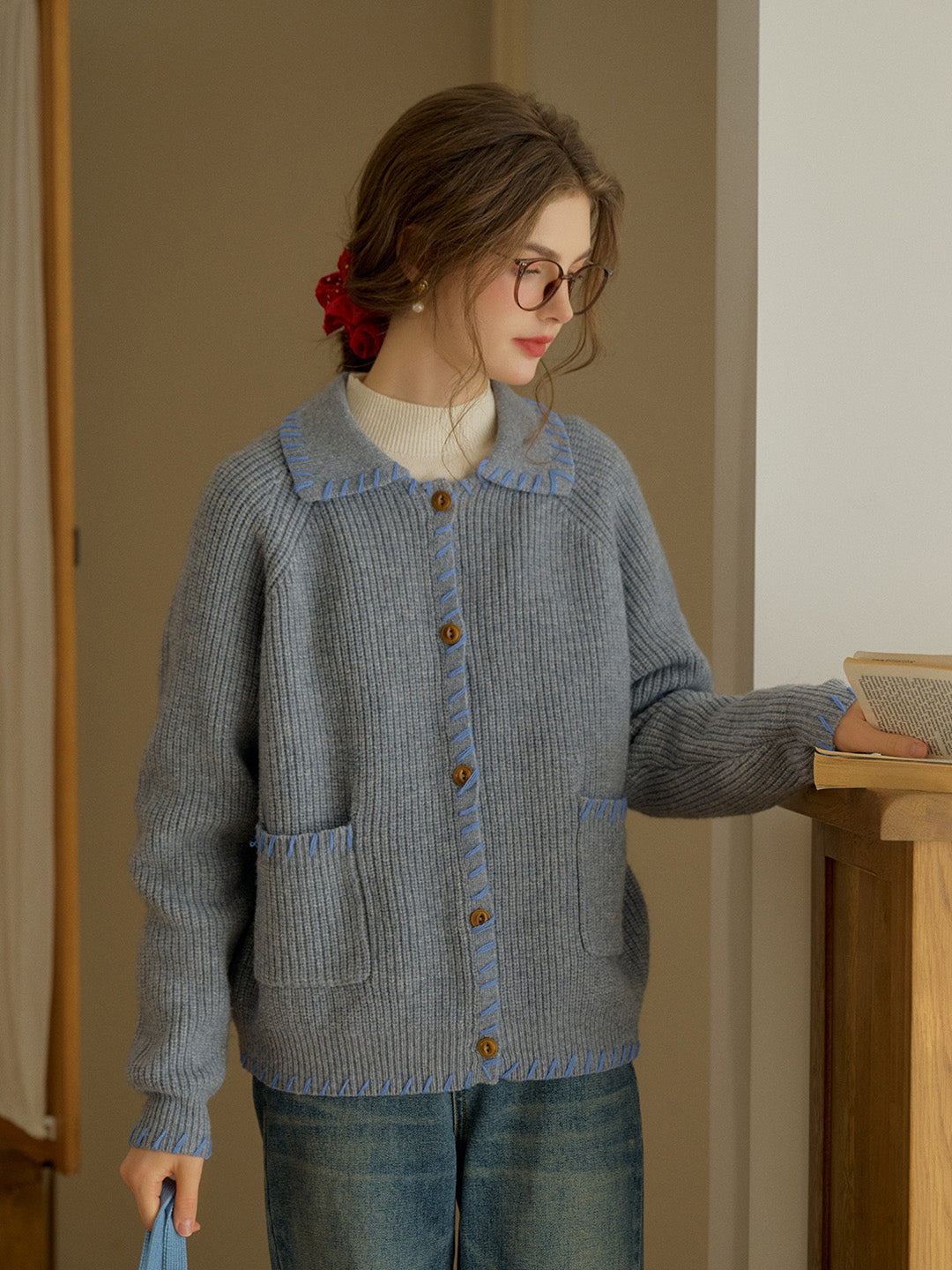 Kahlani Peter Pan Collar Contrasting Embroidered Pocket 100% Wool Cardigan - Gray