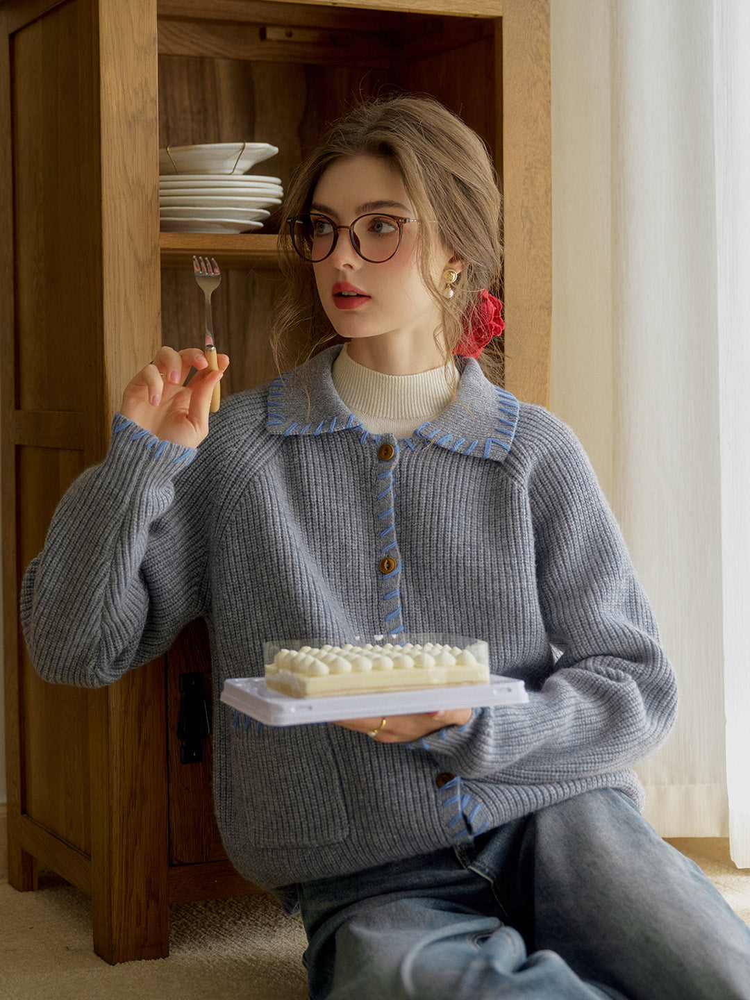 Kahlani Peter Pan Collar Contrasting Embroidered Pocket 100% Wool Cardigan - Gray