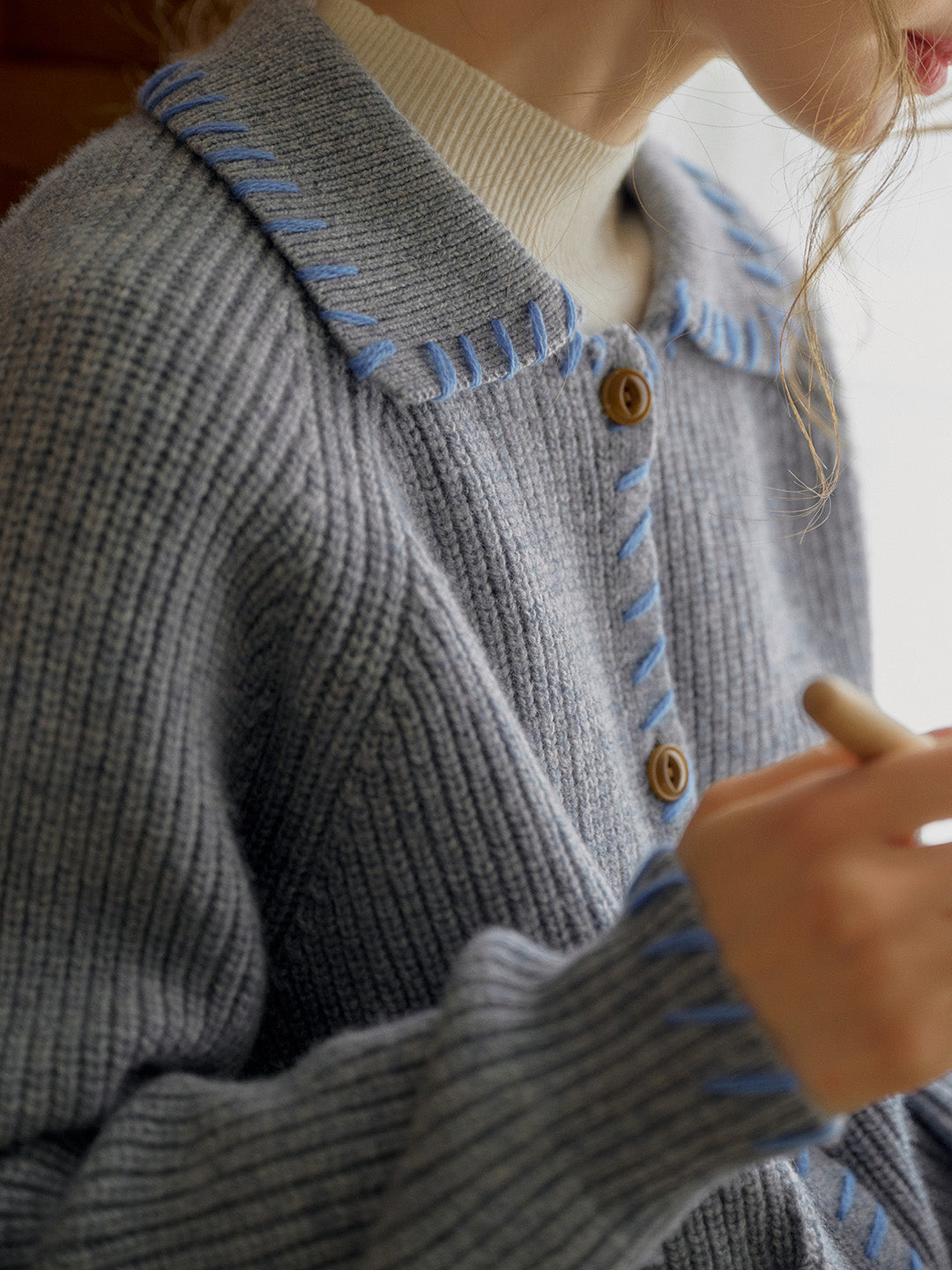 Kahlani Peter Pan Collar Contrasting Embroidered Pocket 100% Wool Cardigan - Gray