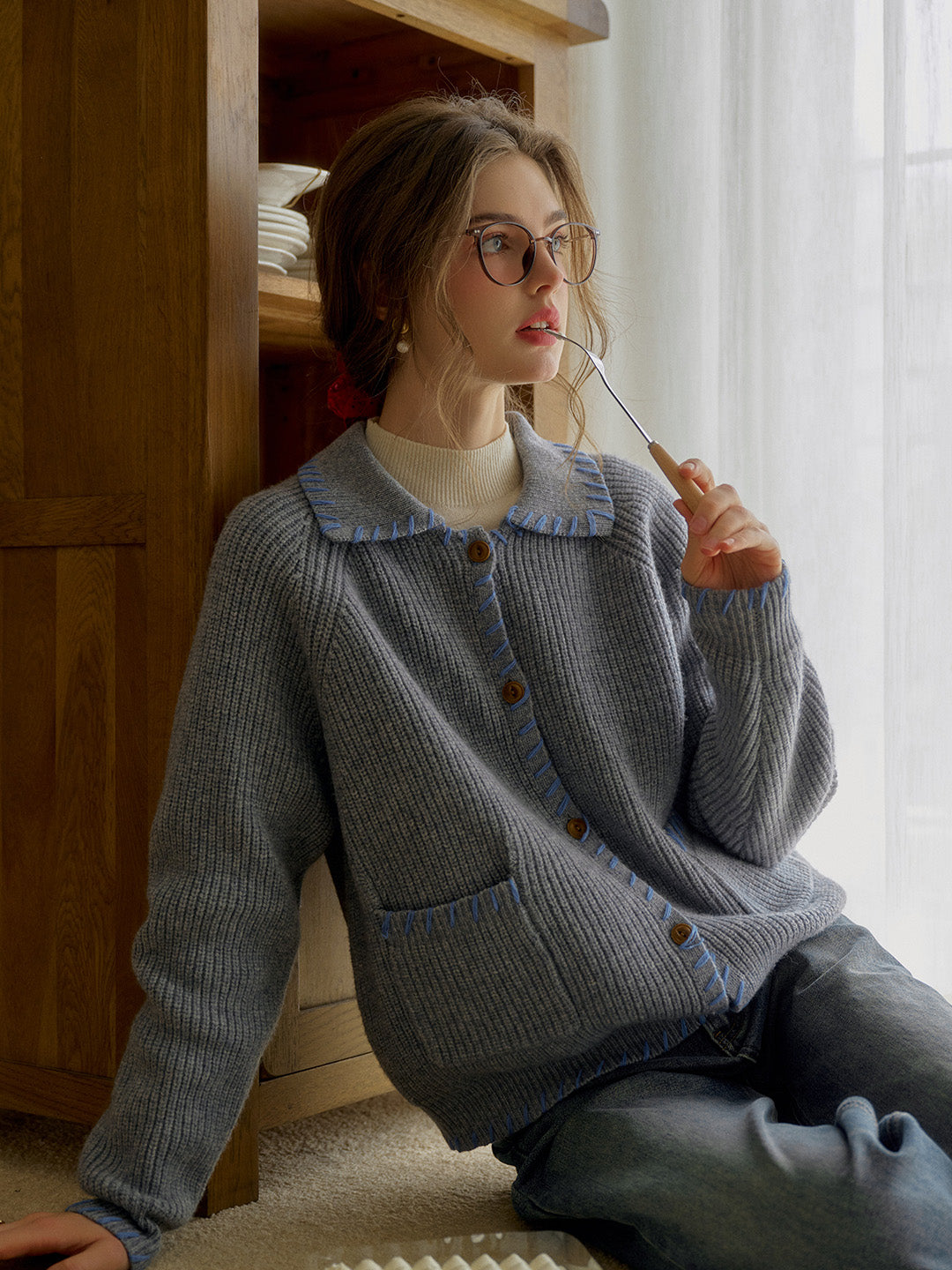 Kahlani Peter Pan Collar Contrasting Embroidered Pocket 100% Wool Cardigan - Gray