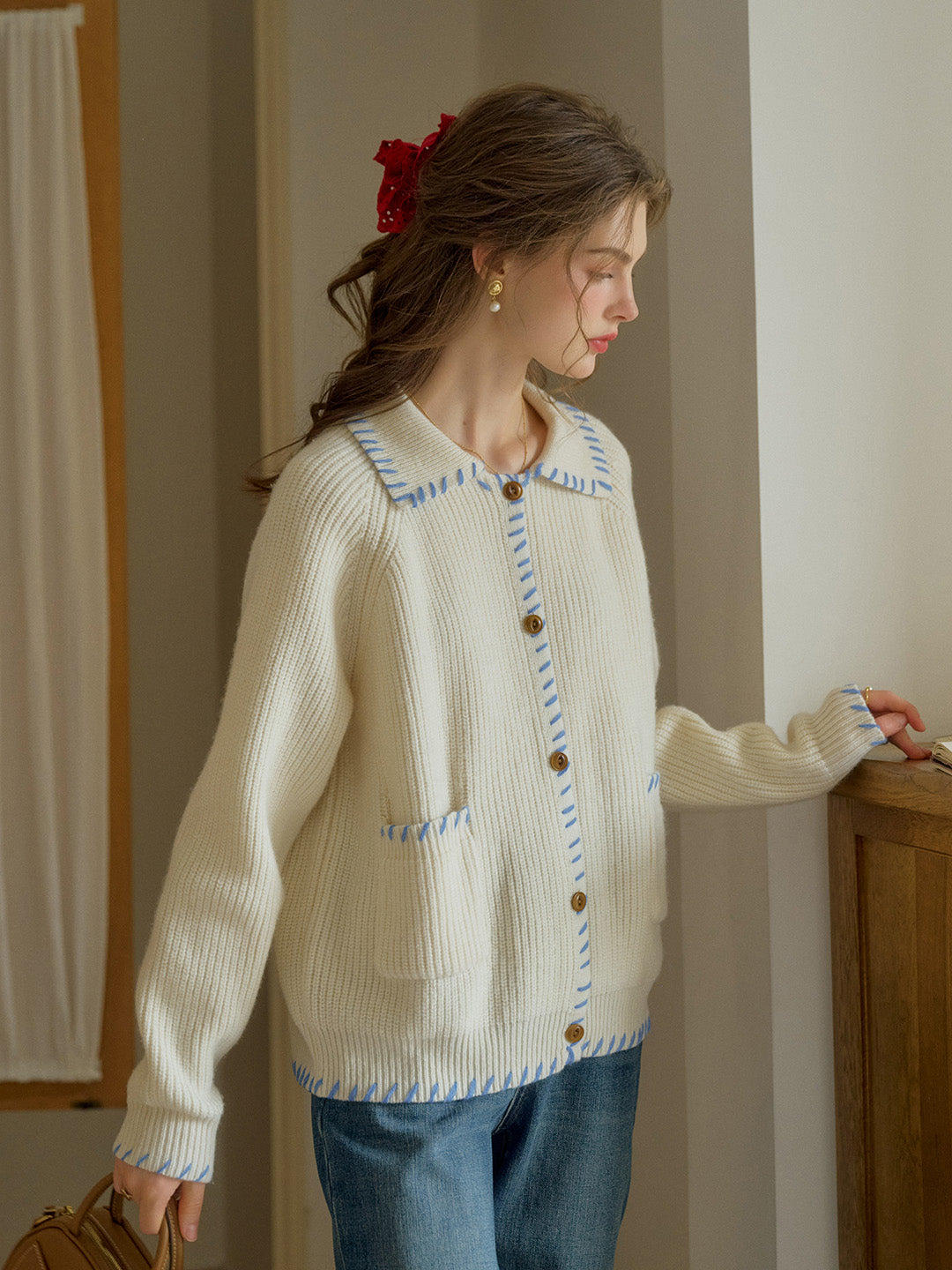Kahlani Peter Pan Collar Contrasting Embroidered Pocket 100% Wool Cardigan - Gray