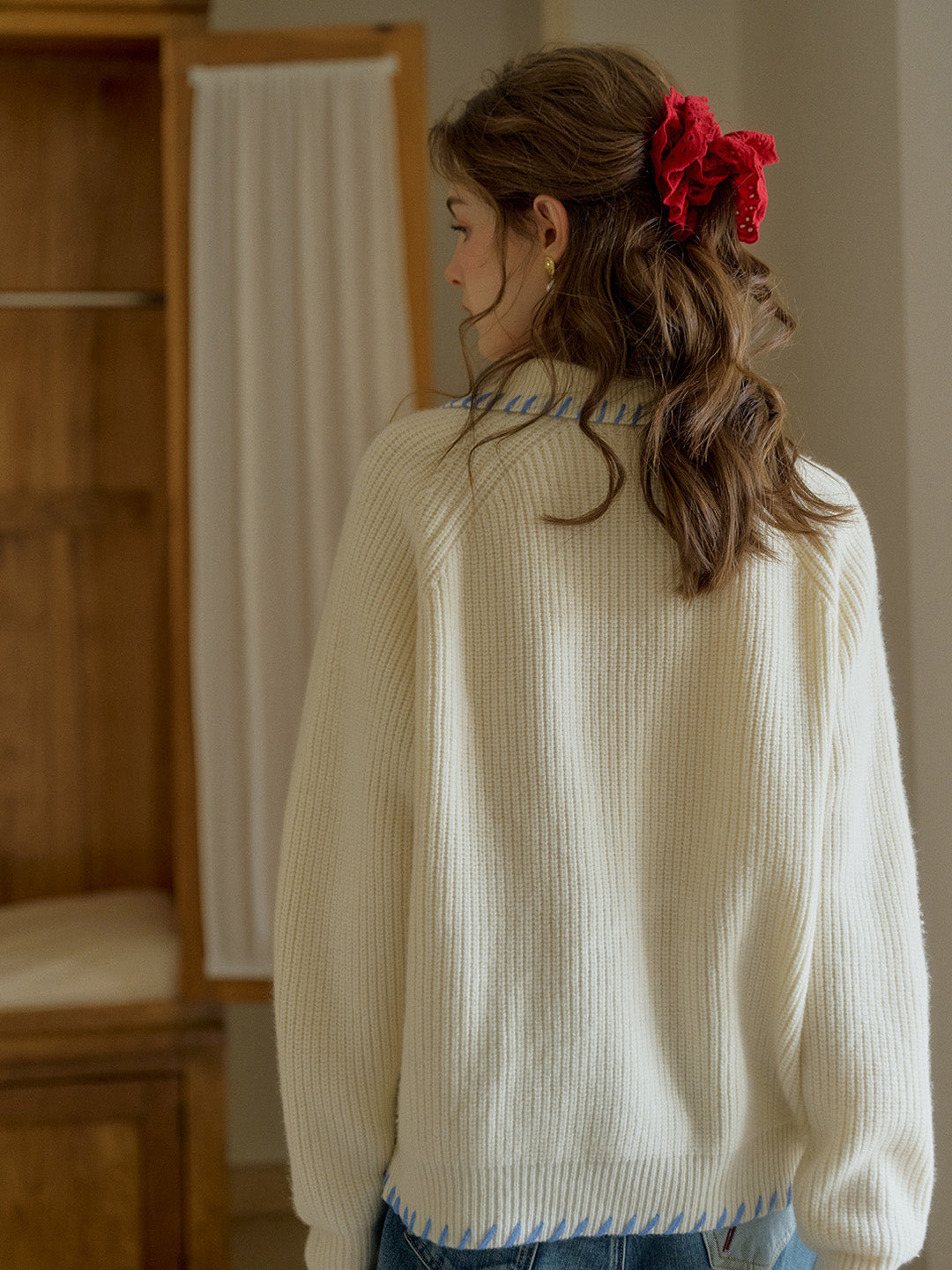 Kahlani Peter Pan Collar Contrasting Embroidered Pocket 100% Wool Cardigan - Gray