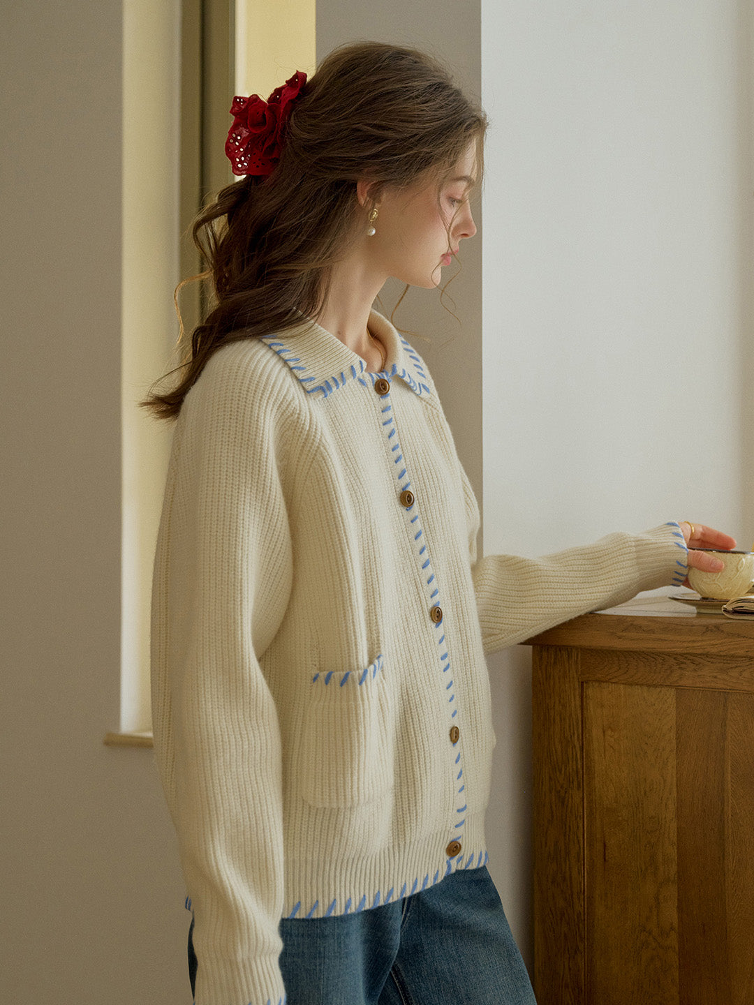 Kahlani Peter Pan Collar Contrasting Embroidered Pocket 100% Wool Cardigan - Gray