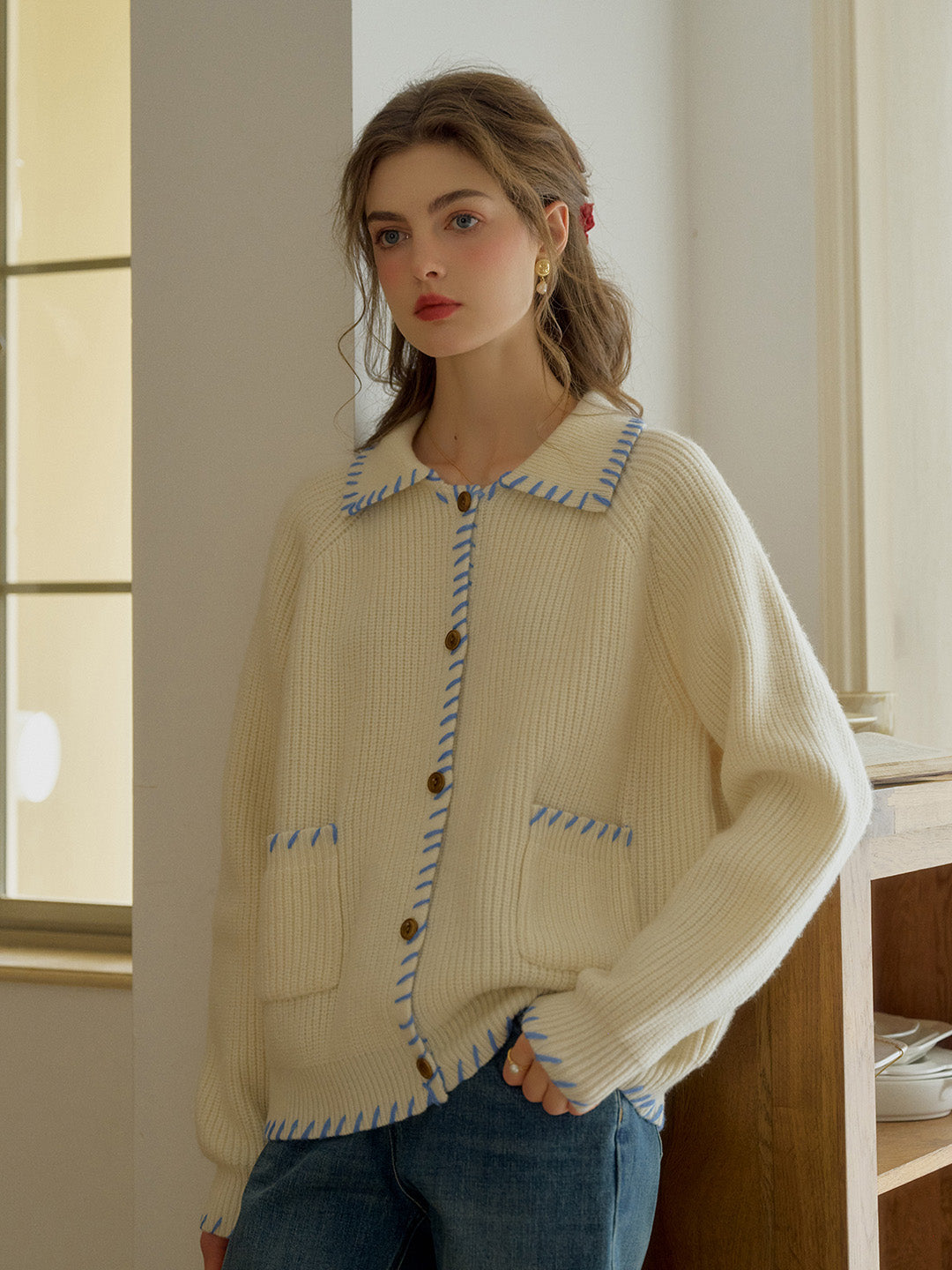 Kahlani Peter Pan Collar Contrasting Embroidered Pocket 100% Wool Cardigan - Gray