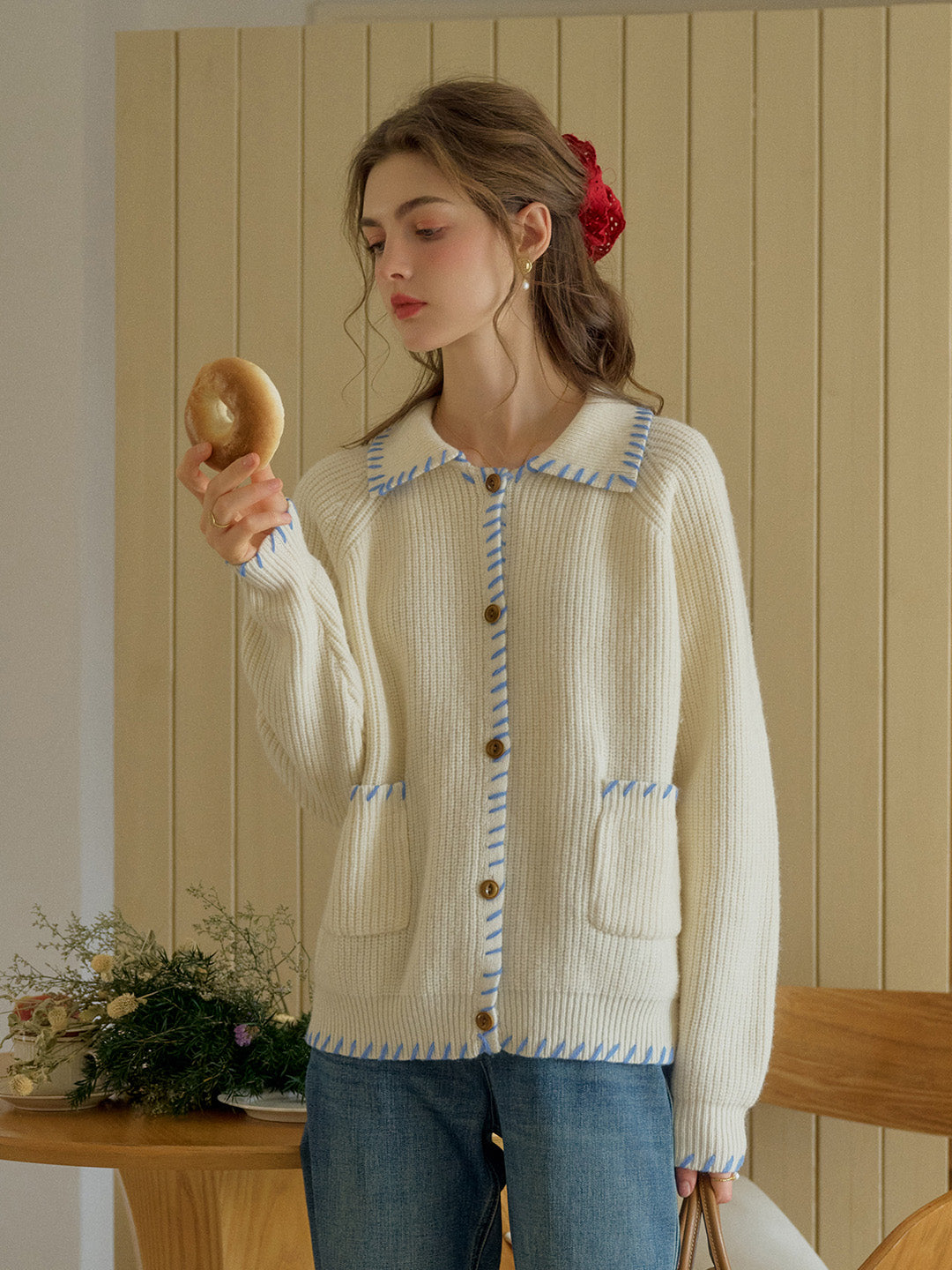 Kahlani Peter Pan Collar Contrasting Embroidered Pocket 100% Wool Cardigan - Gray