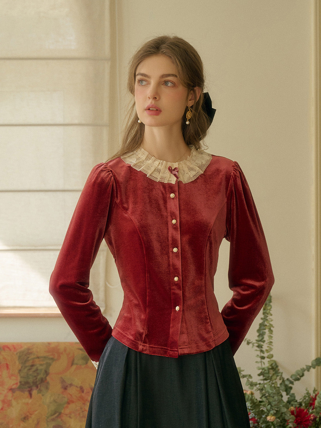 【Final Sale】Azaria Round Collar Contrasting Lace Panel Bow Velvet Top - Rust Red