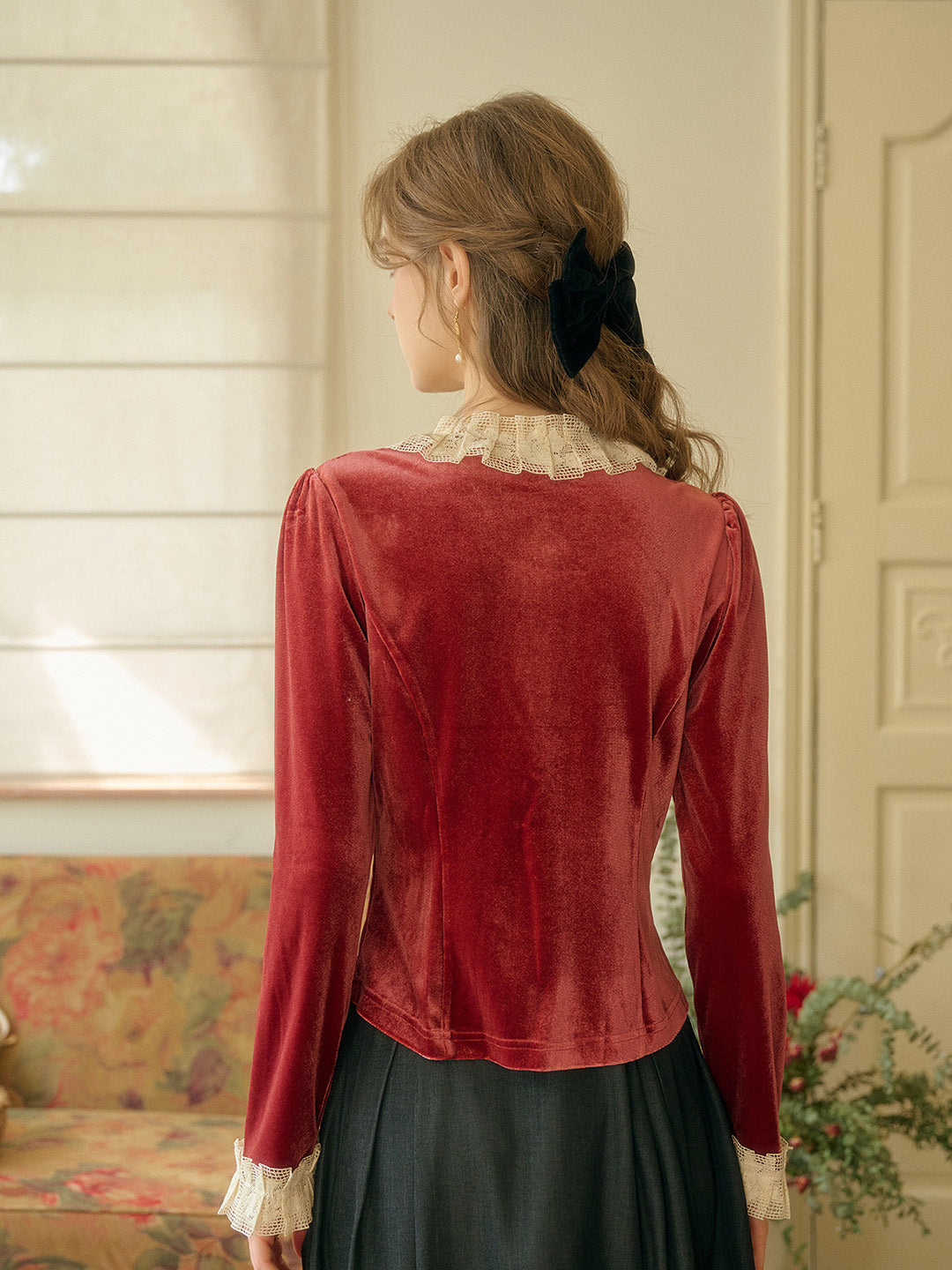 【Final Sale】Azaria Round Collar Contrasting Lace Panel Bow Velvet Top - Rust Red