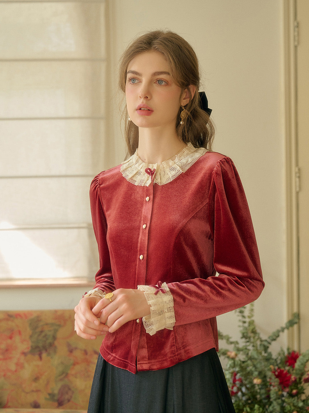 【Final Sale】Azaria Round Collar Contrasting Lace Panel Bow Velvet Top - Rust Red