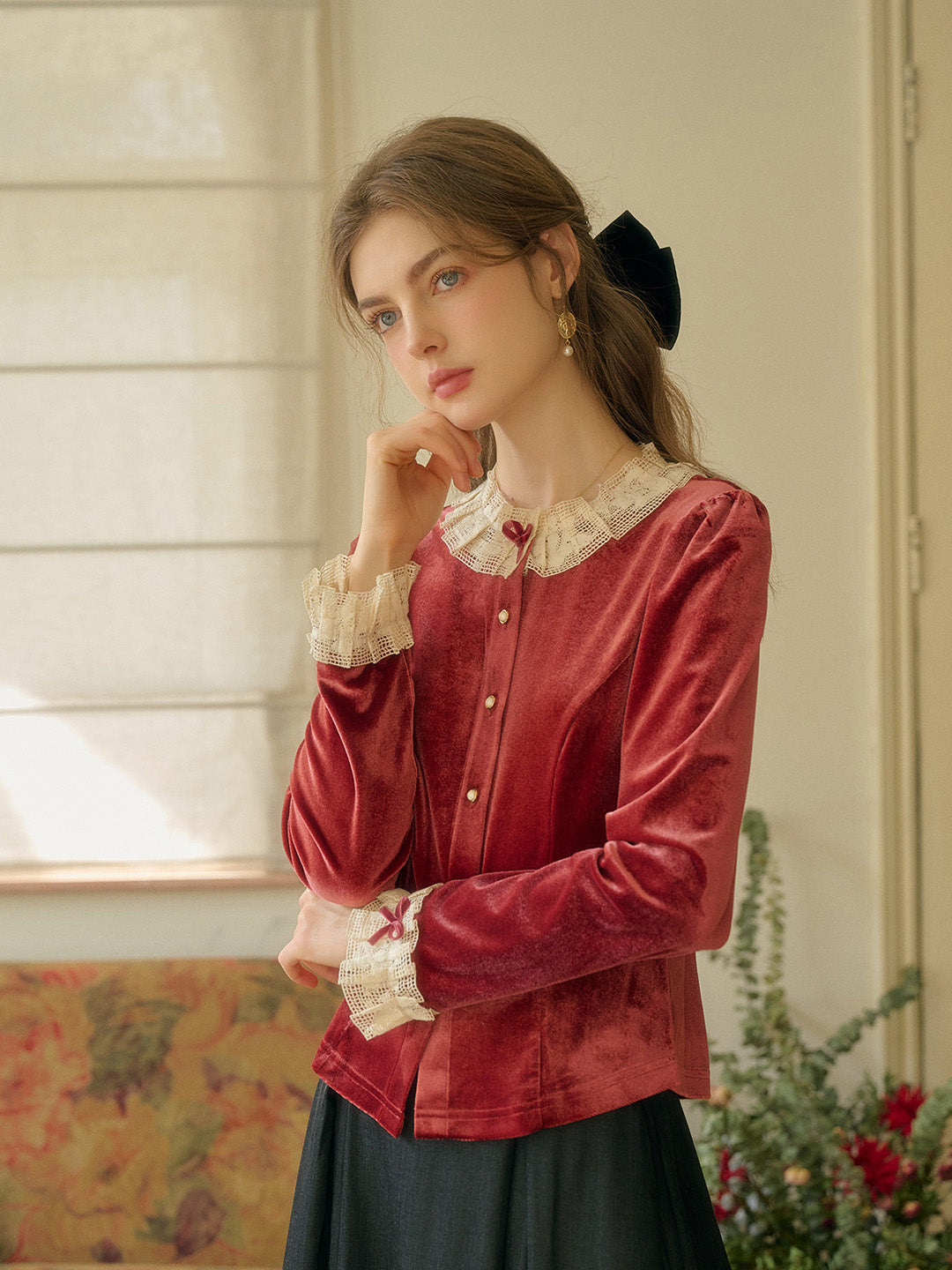 【Final Sale】Azaria Round Collar Contrasting Lace Panel Bow Velvet Top - Rust Red