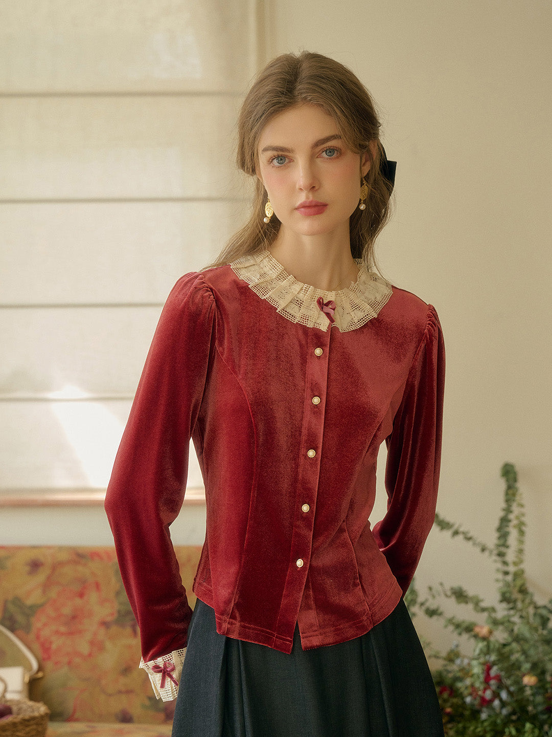 【Final Sale】Azaria Round Collar Contrasting Lace Panel Bow Velvet Top - Rust Red