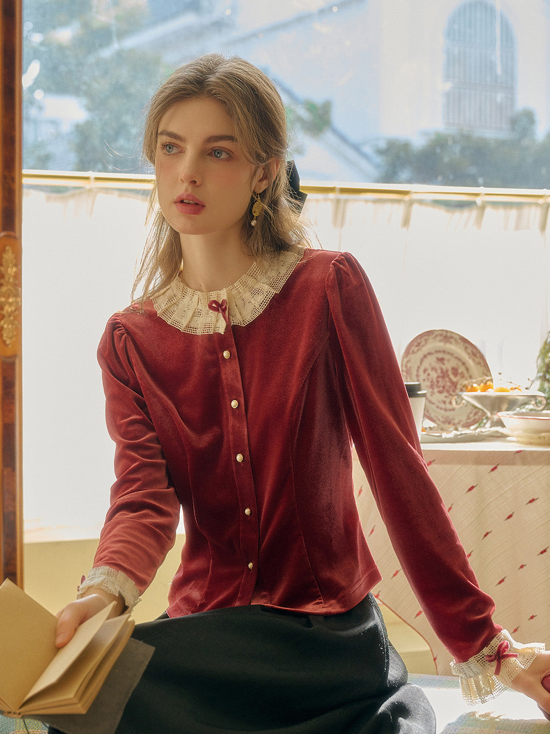 【Final Sale】Azaria Round Collar Contrasting Lace Panel Bow Velvet Top - Rust Red