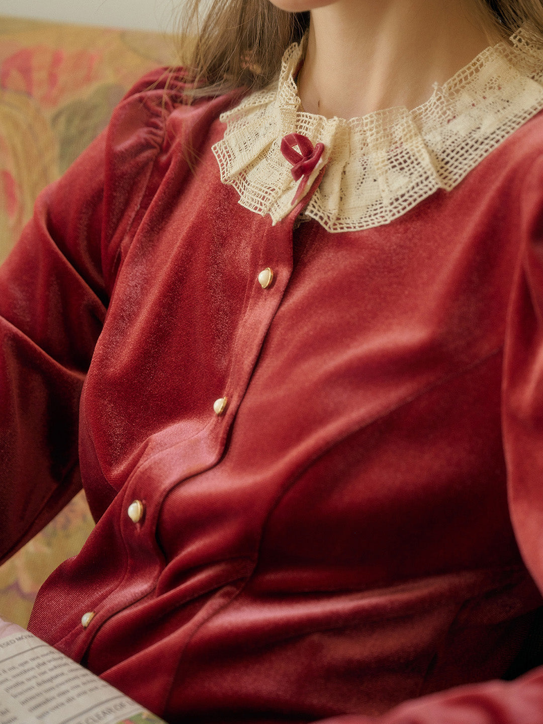 【Final Sale】Azaria Round Collar Contrasting Lace Panel Bow Velvet Top - Rust Red