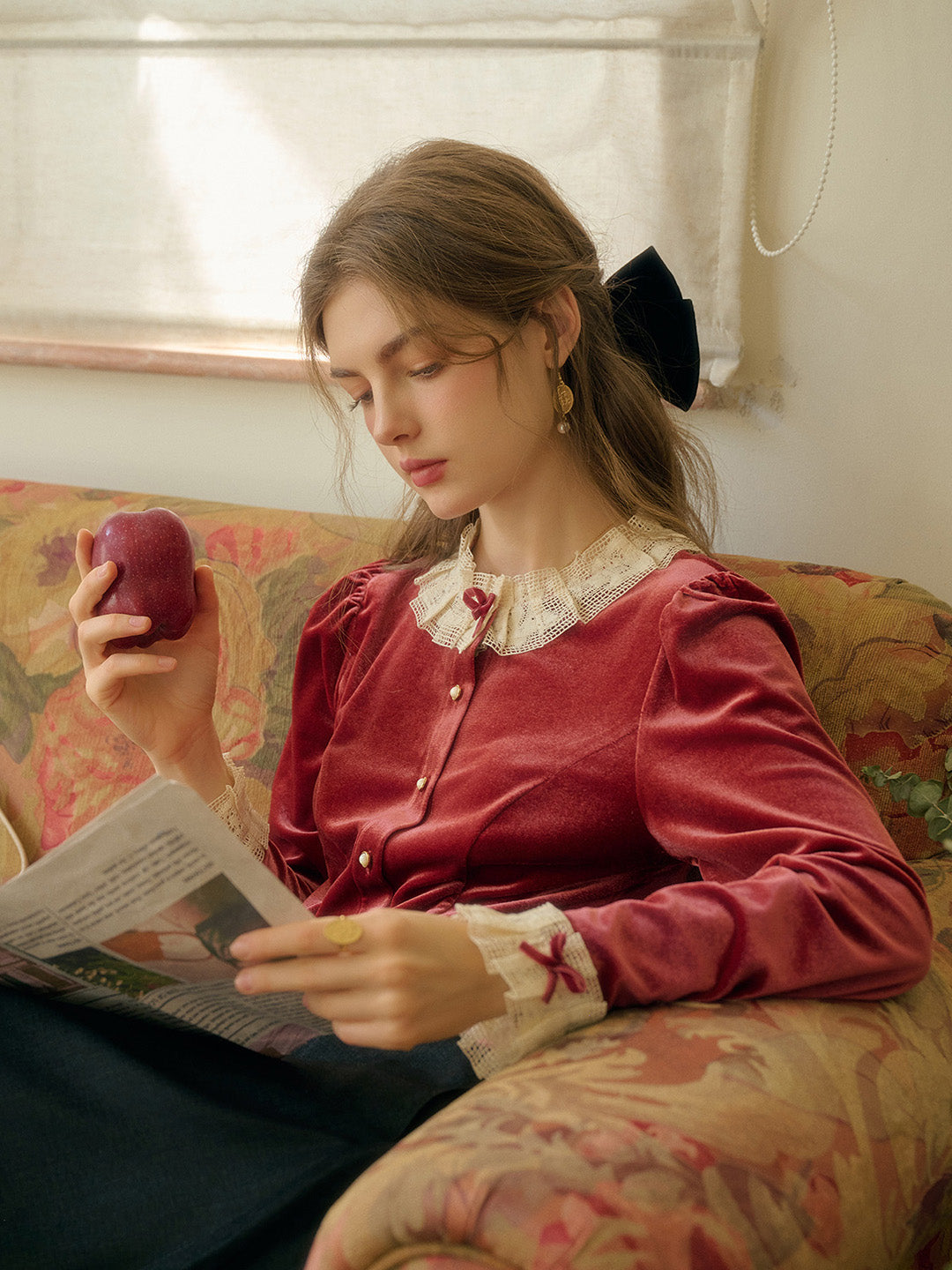 【Final Sale】Azaria Round Collar Contrasting Lace Panel Bow Velvet Top - Rust Red