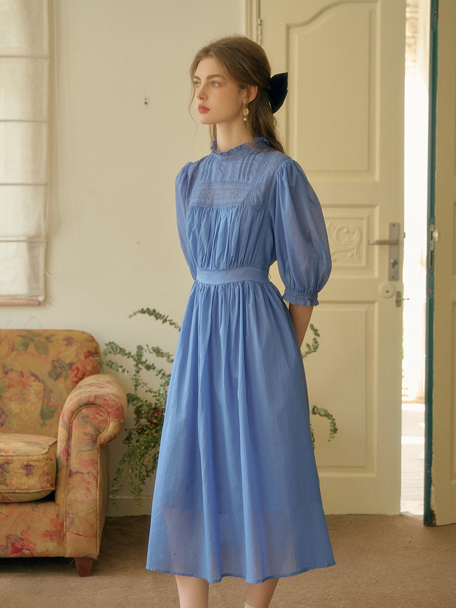 Averie Lace Panel Blue Cotton Dress Averie Lace Panel Blue Cotton Dress