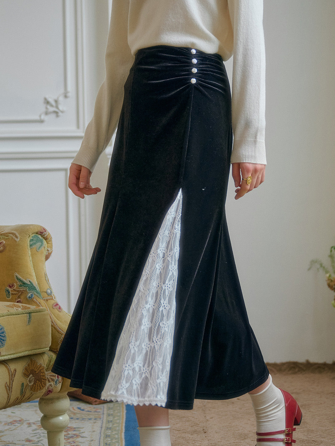 Angelique Elegant Lace Hollow Contrasting Velvet Skirt