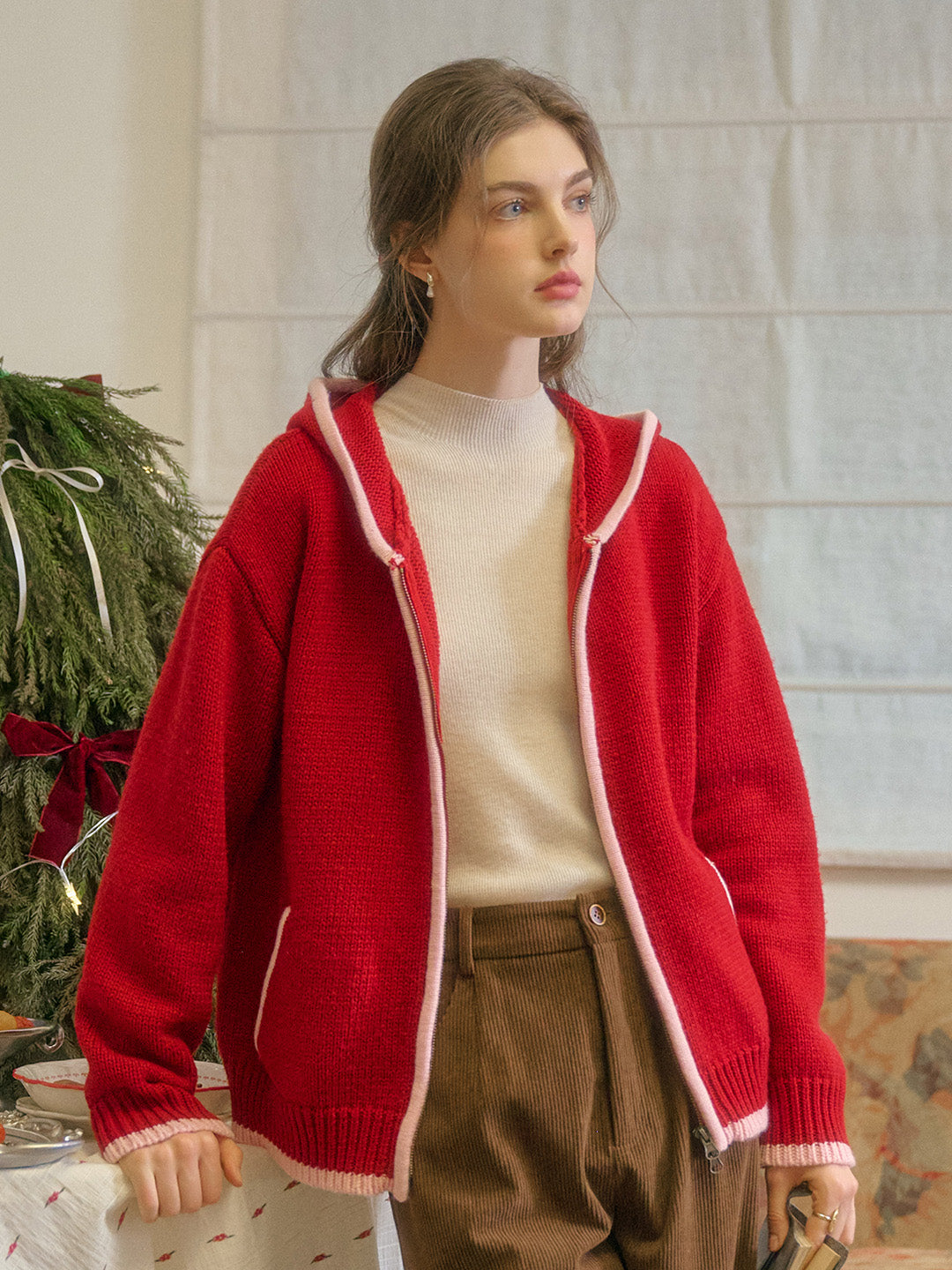 Mila Contrasting Pocket Knit Wool Hoodie - Blue