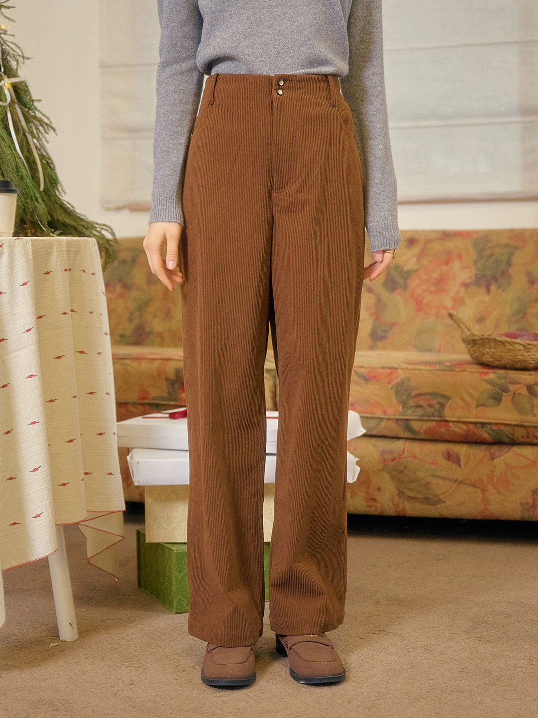 Novah Vintage Two-button Straight Corduroy Trousers - Brown