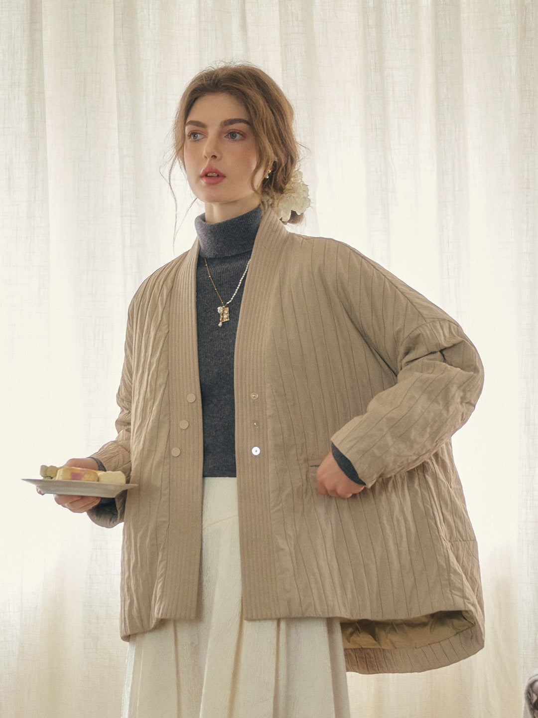 Emi Collarless Pocket Down Jacket - Off-white