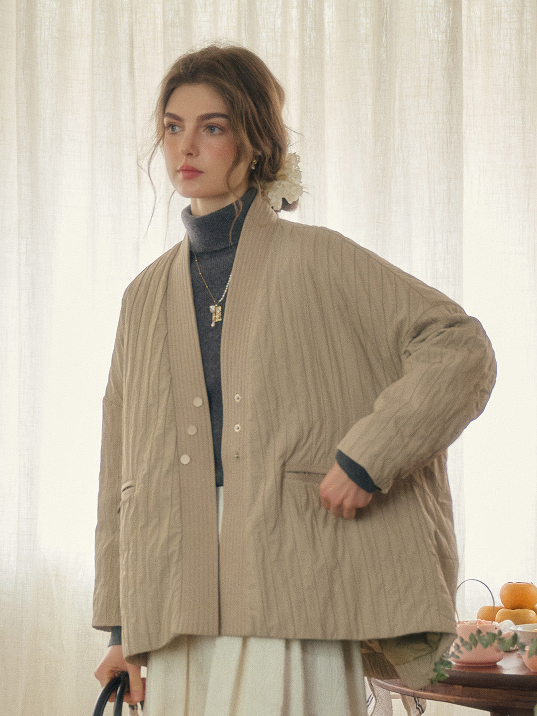 Emi Collarless Pocket Down Jacket - Off-white
