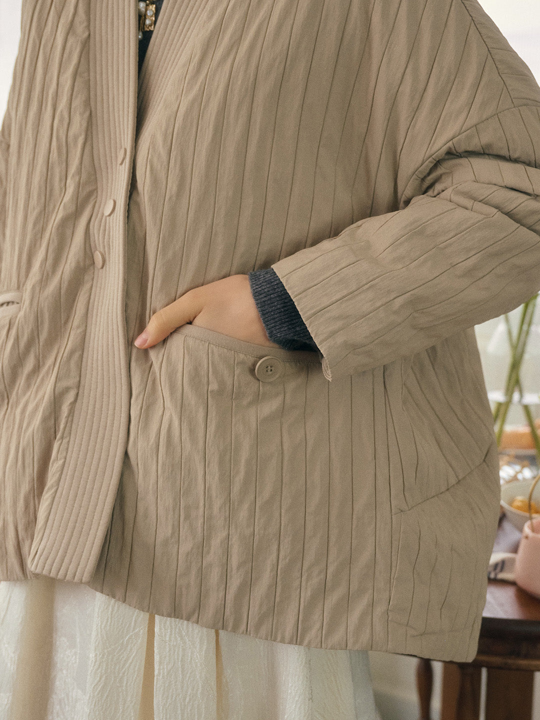 Emi Collarless Pocket Down Jacket - Off-white