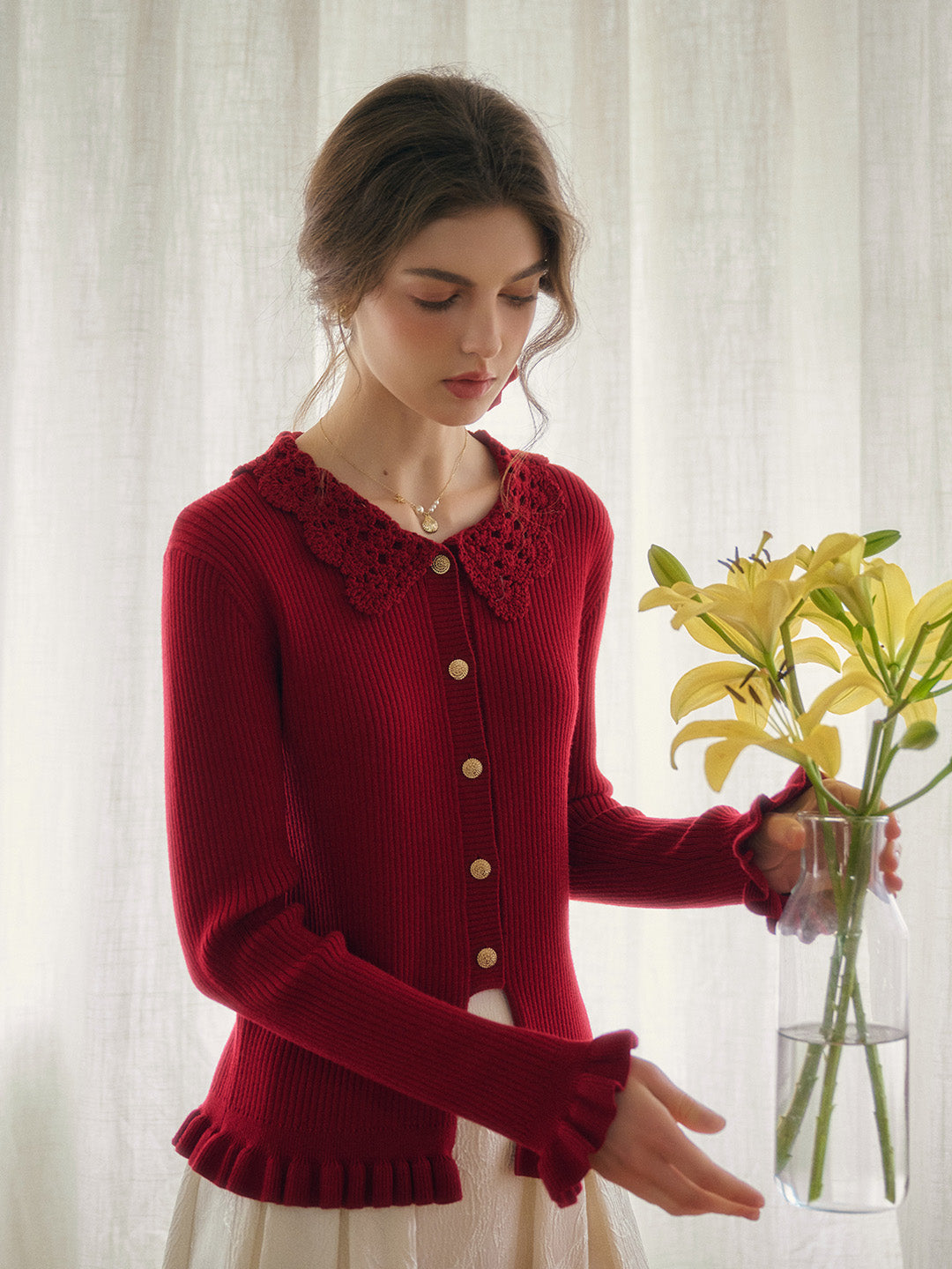 Jocelyn Red Round Neck Knit Wool Cardigan