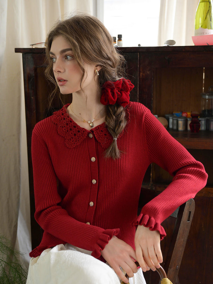 Round-Neck Red Emblem Cardigan